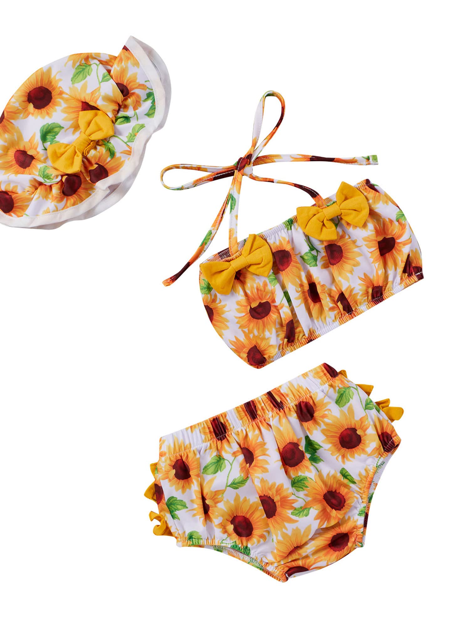 3-teiliger Badeanzug für Mädchen, Bikini Set für Mädchen, Sommer, Sonnenblumen-Druck, Mädchen, Beachwear mit Schleife, niedlich für Urlaub