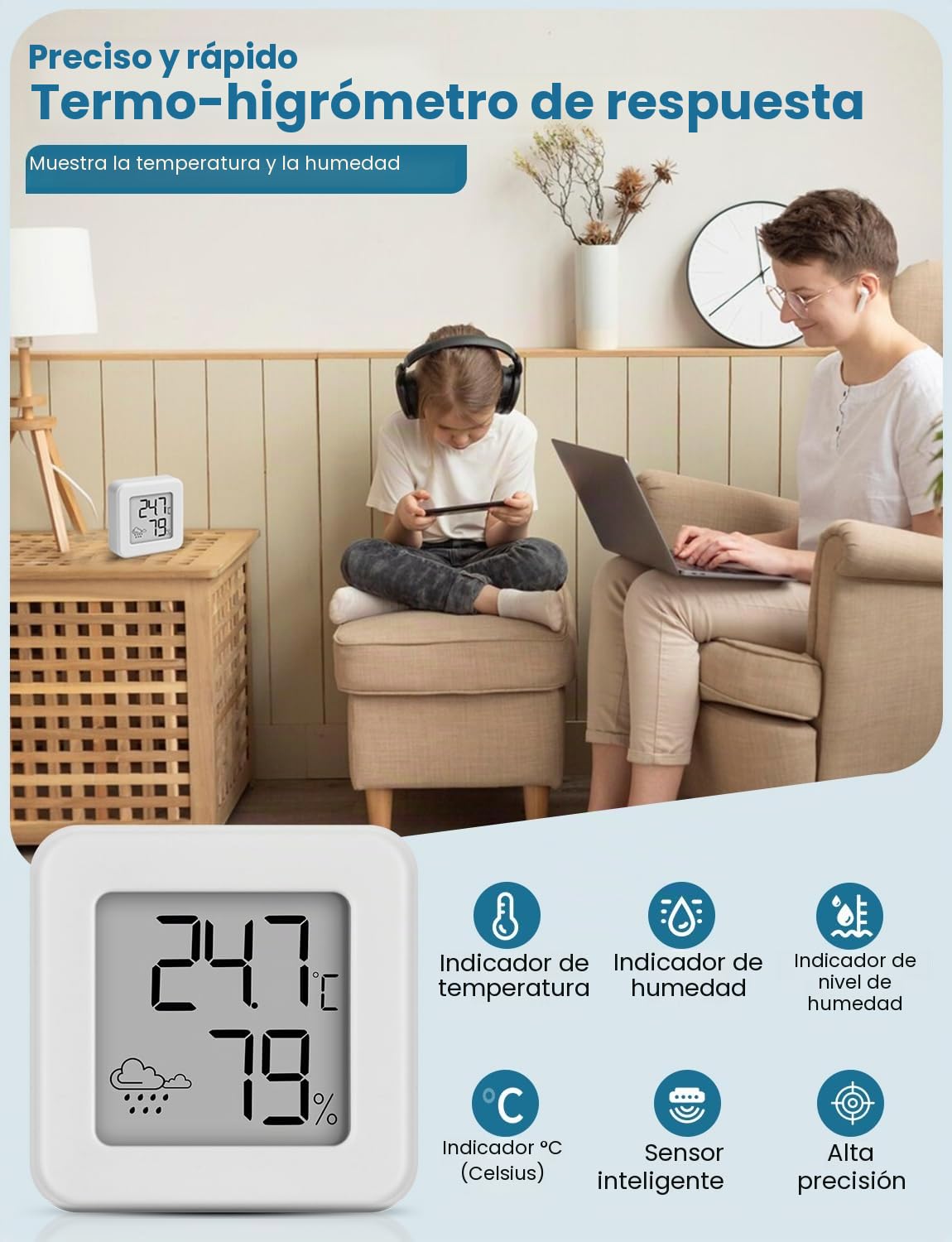 Mini Termómetro Higrometro Digital para Interior, Termohigrómetro monitor de temperatura ambiente y medidor de humedad, medidor de temperatura y humedad (Blanco-3 piezas)