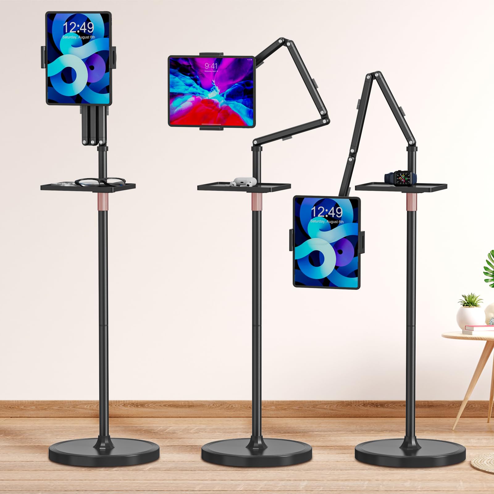 Houele Tablet Floor Stand with Removable Tray iPad Floor Stand Holder for Bed Height Adjustable Tablet Mount iPad