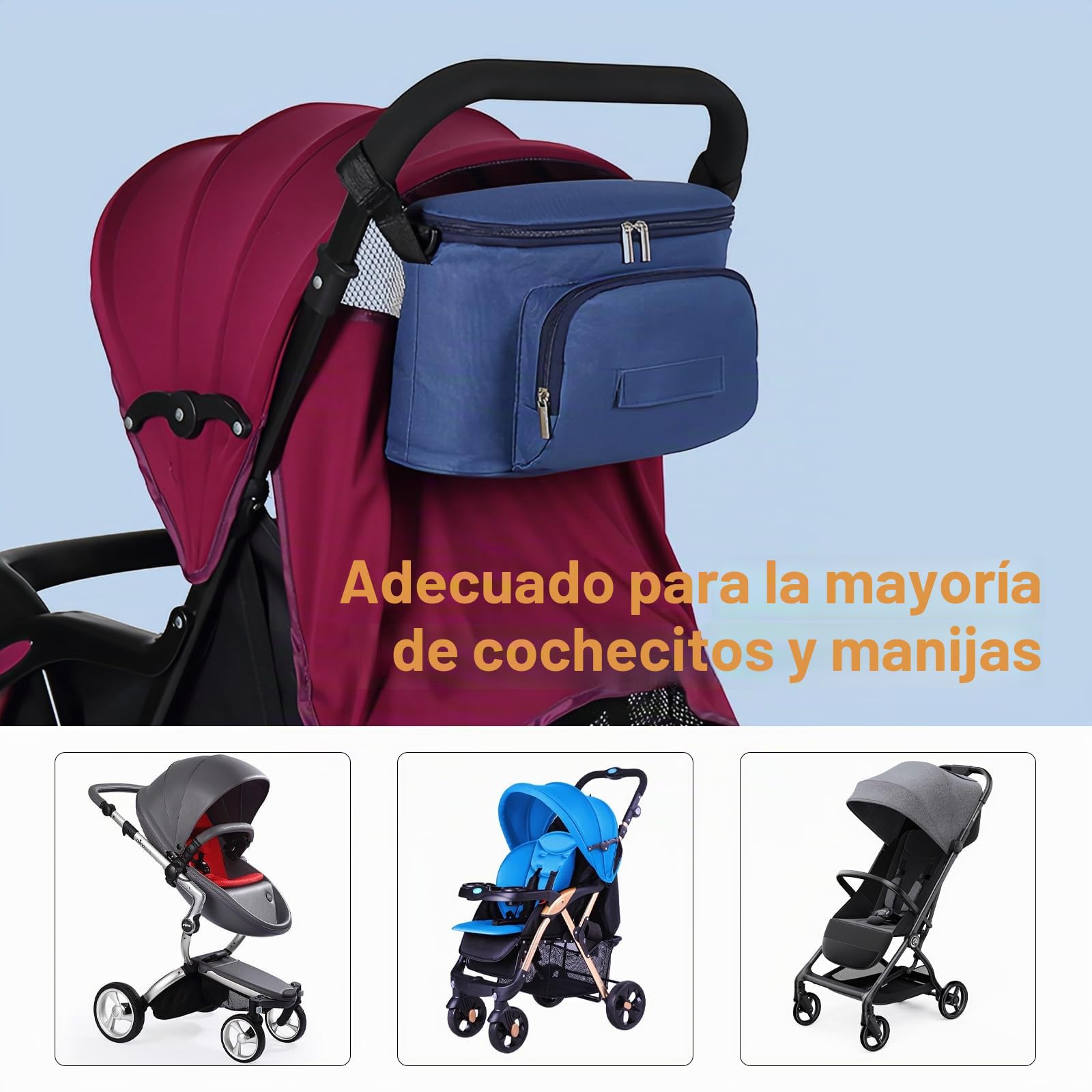 Bolsa Organizadora de Cochecitos, Bolso Carrito Universal, Impermeable Bolsa para Carro Bebe, con 2 Sujetavasos Portavasos Aislados y Espacio de Almacenamiento Grande, Para Biberones, Pañales (Azul)