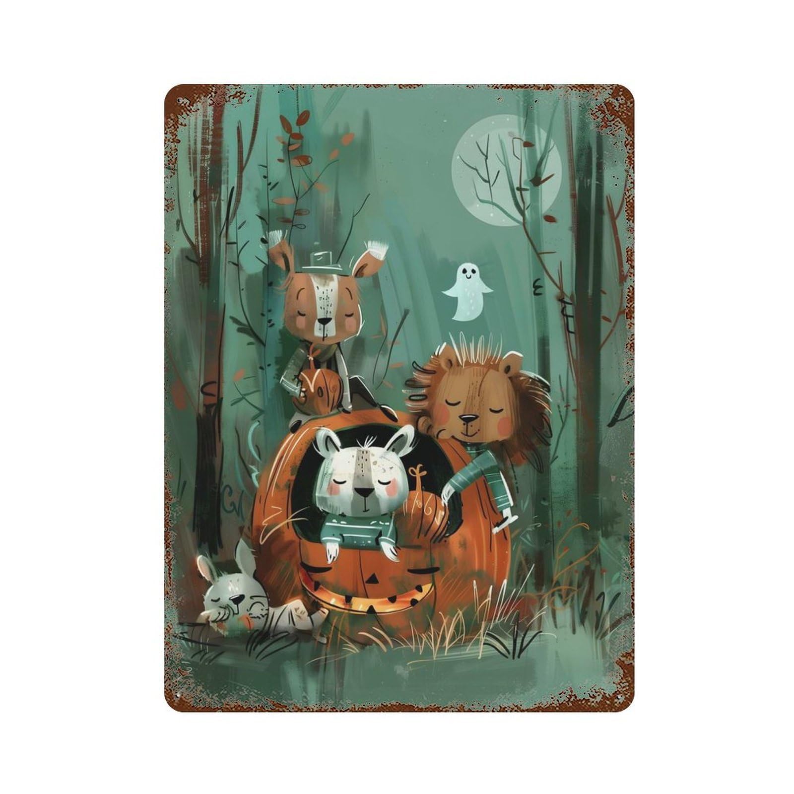 Pumpkin Guardians – Forest Protectors of Halloween 15.7"x11.8" Aged Metal Wall Plaque, Retro Wall Decor for Farmhouse, Kitchen And Entryway Decor