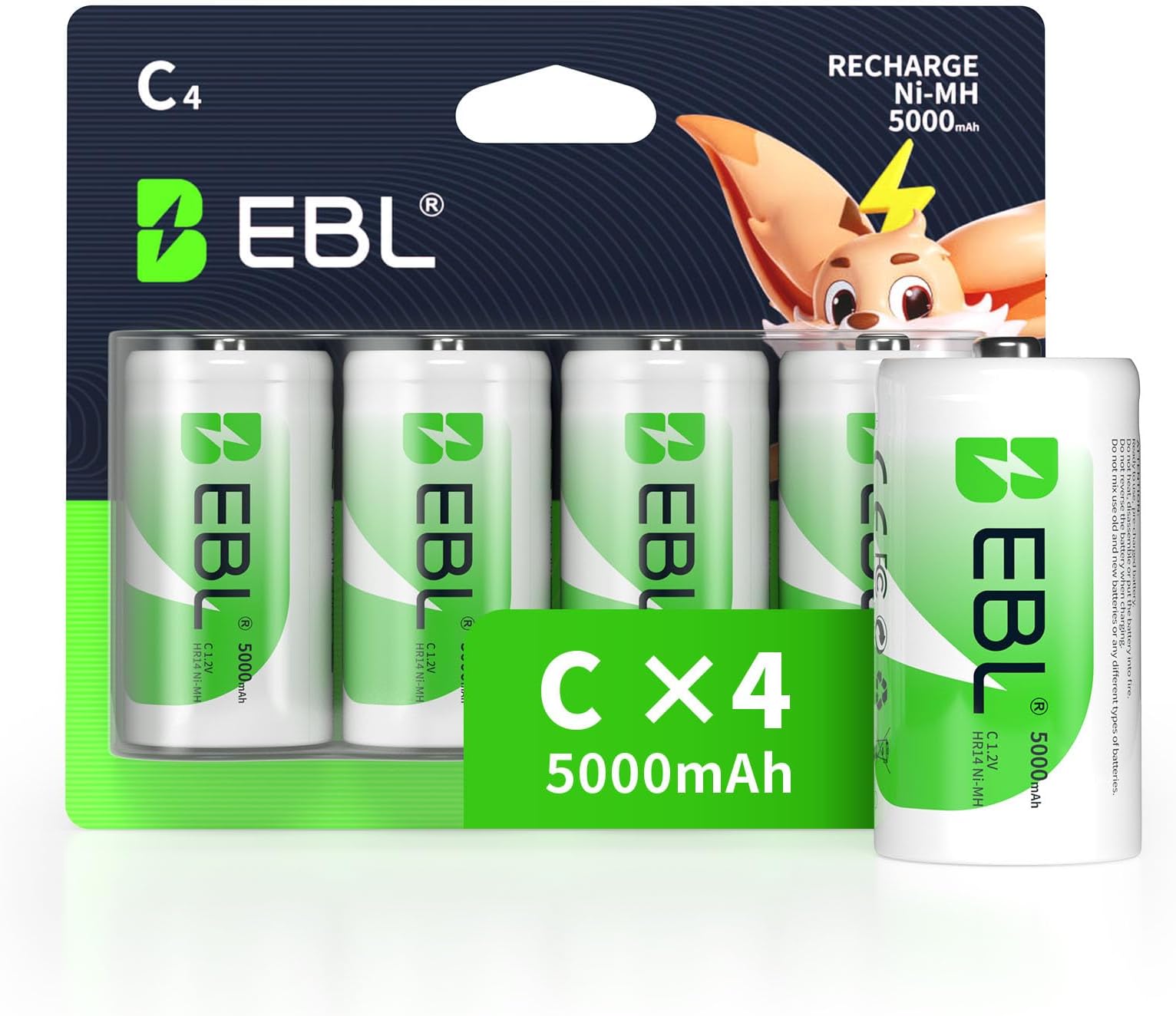 EBL Rechargeable C Batteries, 5000mAh Ni-MH High Capacity C Cell Battery New Retail Package, Pack of 4