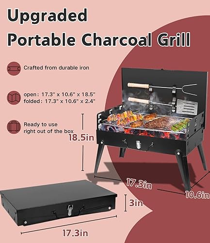 Miniatura 3 de Kit de parrilla de carbón portátil  Parrilla plegable de barbacoa de 17.3 pulgadas, alturas ajustables, 5 pinchos, 1 espátula, 1 tenedor, mini