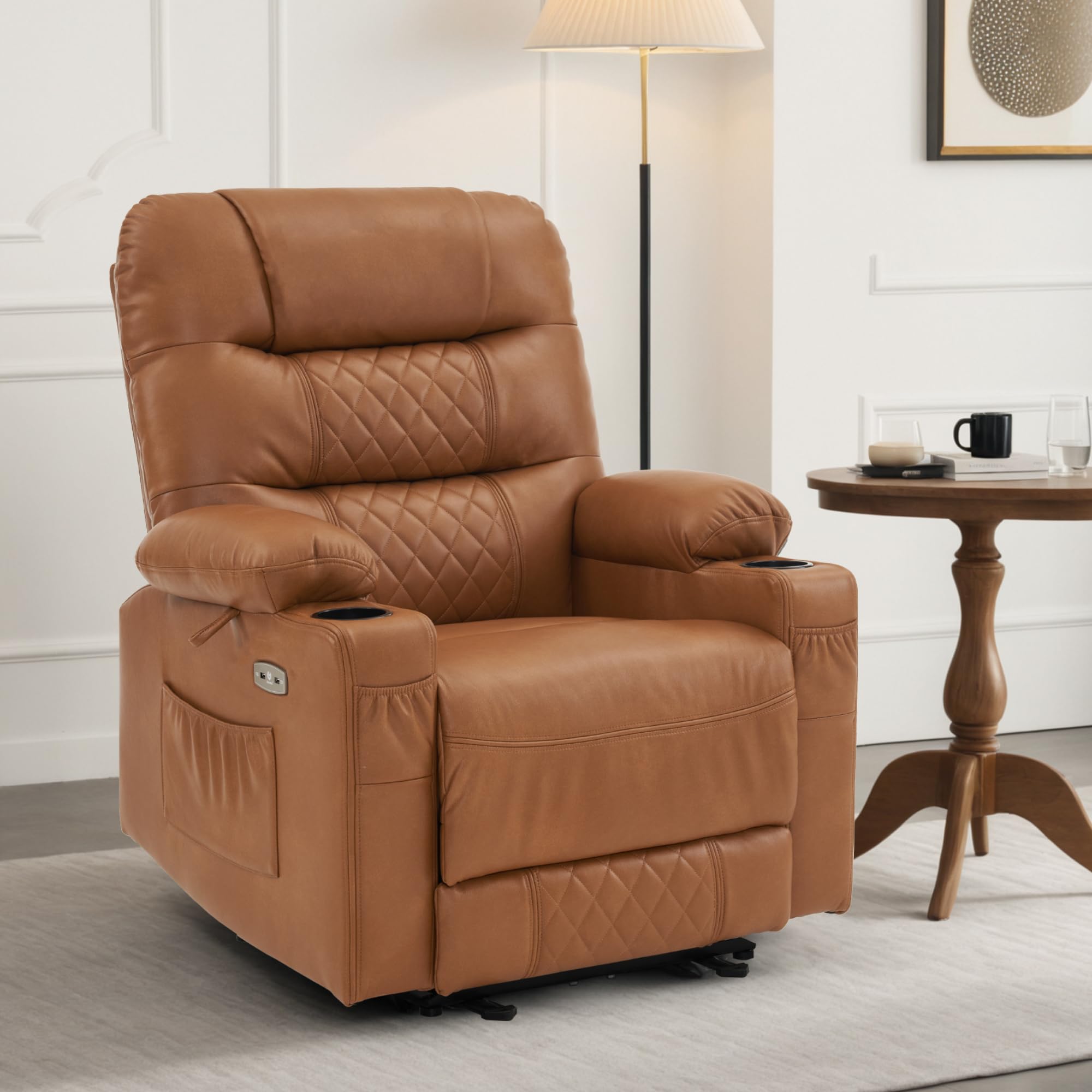M MCombo Relaxsessel mit Liegefunktion, Fernsehsessel Elektrisch Verstellbar, TV Sessel, Recliner Chair, Atmungsaktiver Kunstleder, USB & Getränkehalter, Wohnzimmer, 7033 (Braun)