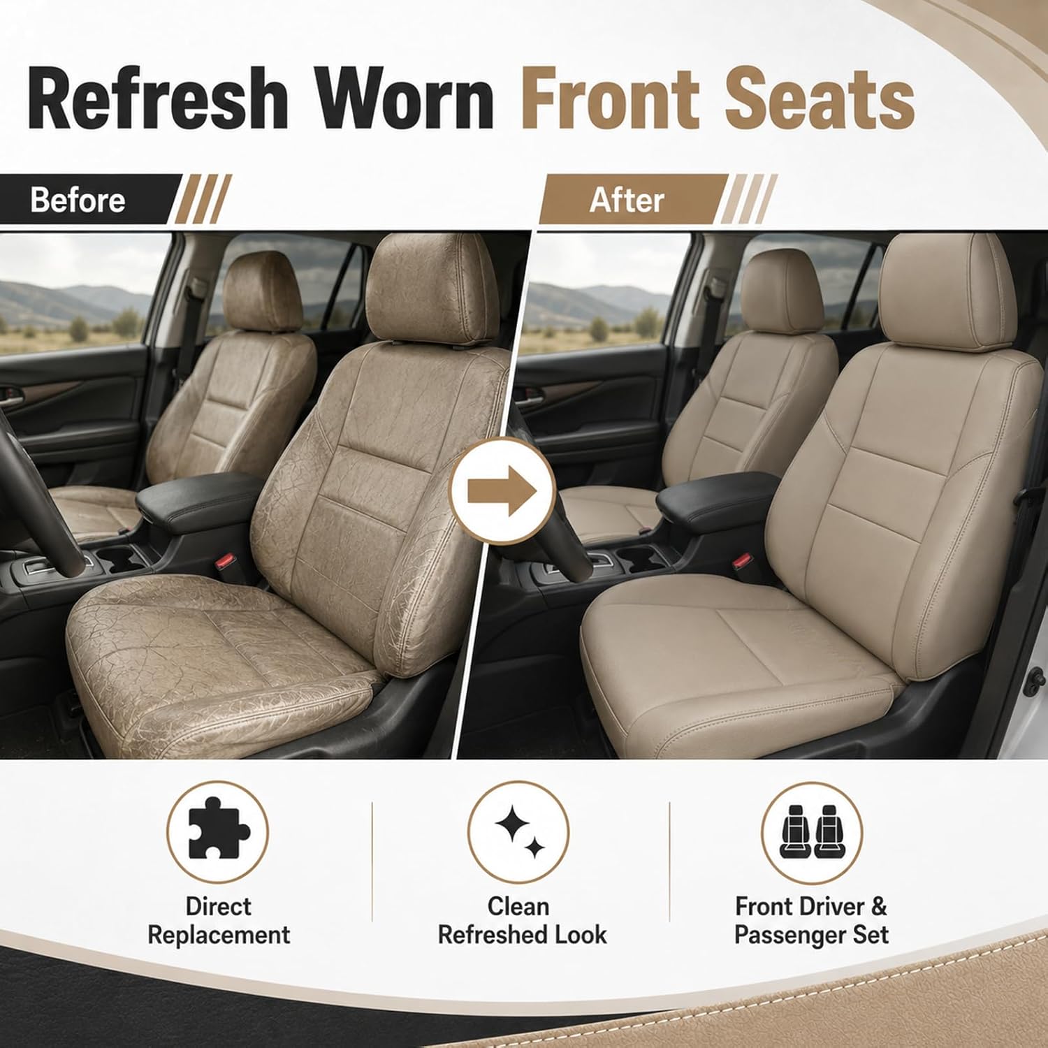 NLQR Front Driver and Passenger Side Bottom & Top Back & Armrest Cover Replacement Seat Covers Microfiber Leather Tan Compatible with Toyota Sequoia Tundra 2000 2001 2002 2003 2004 2005 2006