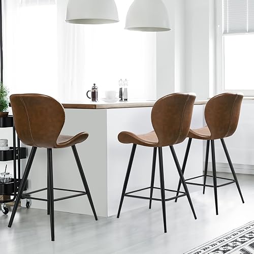 Miniatura 6 de KithKasa Juego de 2 taburetes de bar de altura de mostrador con respaldo, modernos de cuero sintético de mediados de siglo, 26 pulgadas, taburetes
