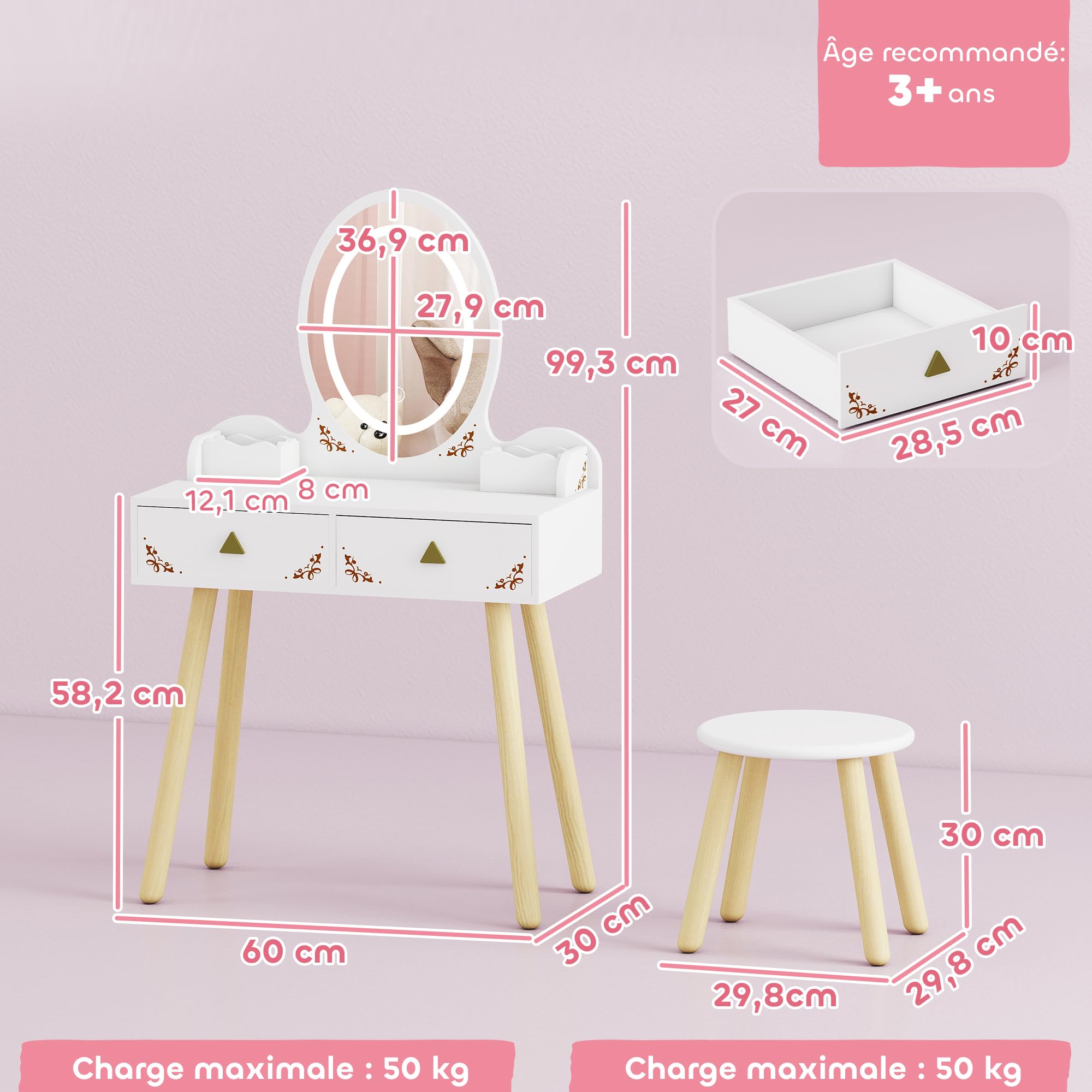 AIYAPLAY Coiffeuse Enfant en Bois 2 en 1, Bureau Enfant Fille avec Miroir à LED 3 Couleurs et Tabouret, Table de Maquillage avec 2 tiroirs et 2 casiers de Rangement Amovibles, 60x30x99,3cm, Blanc