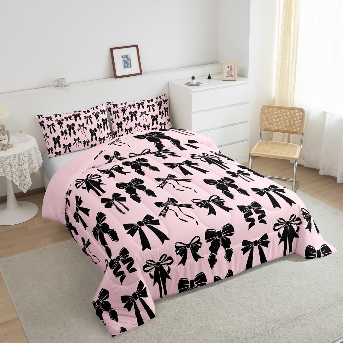 Feelyou Watercolor Bow Comforter Set Full Size Pink Bow Print Comforter for Kids Teens Adults Kawaii Bowknot Bedding Set Dreamy Princess Style Duvet Set Room Decor 3Pcs with 2 Pillow Case