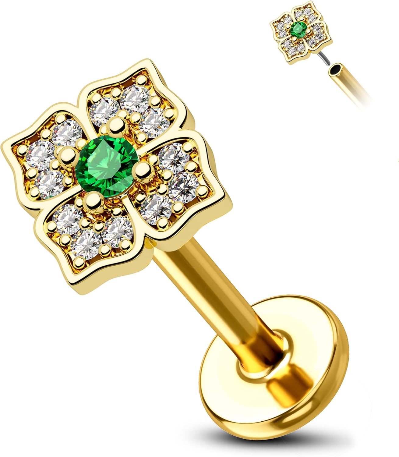 COCHARM 14K Real Gold Cartilage Tragus Earring Stud Leaves Flat Back 16g Yellow Gold Push Pin Cartilage Tragus Jewelry 8mm 6mm Square Threadless Conch Piercing
