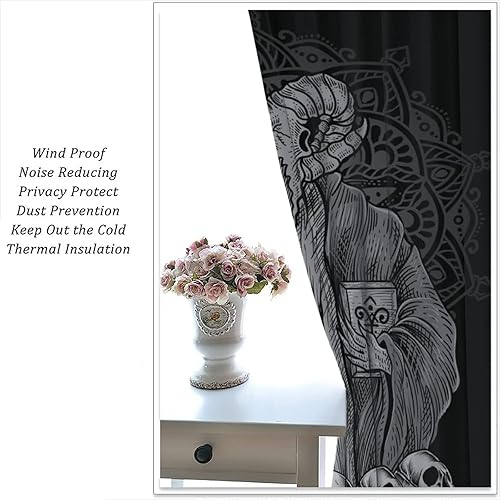 Vista 327 de Cortinas de cabeza de cabra, misteriosa cabeza de cabra malvada, calavera negra, bolsillo para barra, cortinas opacas para ventana, juego de 2