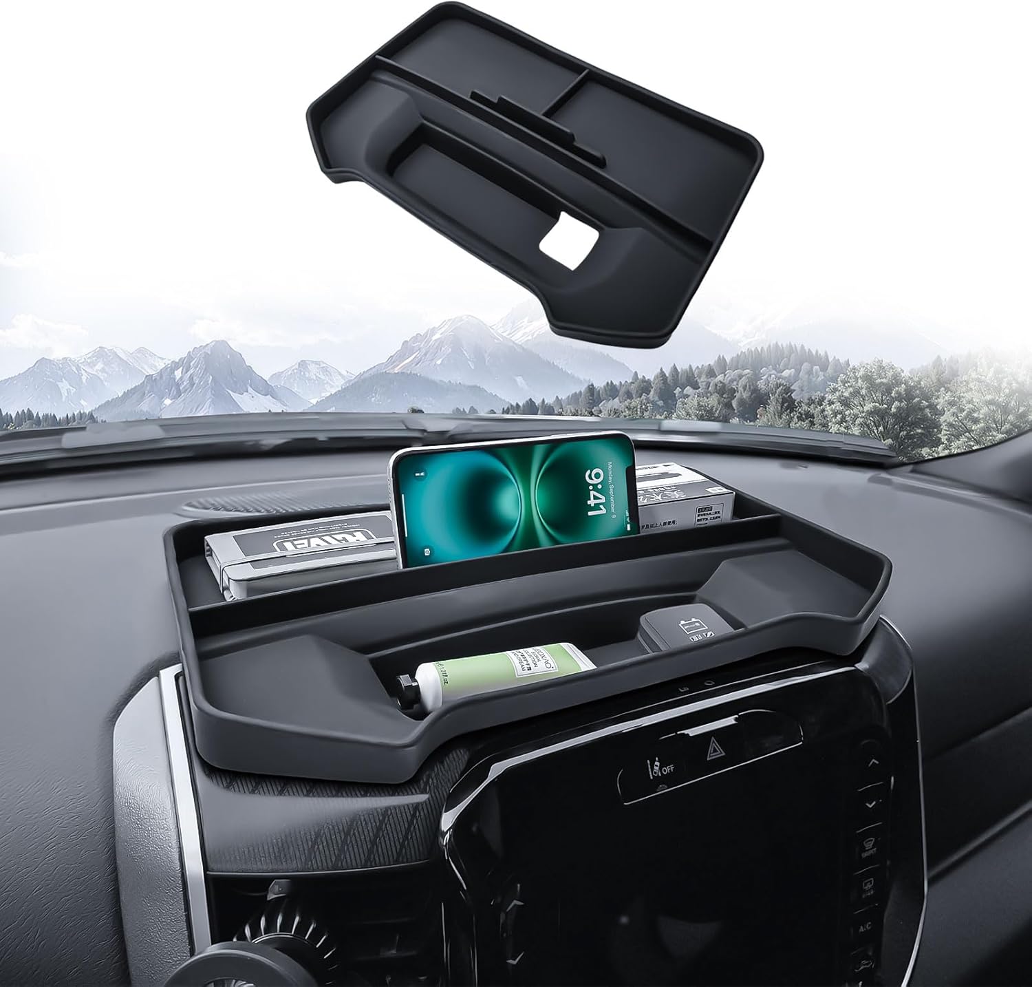 HGWEI Dash Storage Tray Compatible with 2019-2026 Dodge RAM 1500 (14.4"&12" Uconnect Screen) Accessories- Center Console Dashboard Organizer Replacement Divider (Not for RAM 1500 Classic Screen)