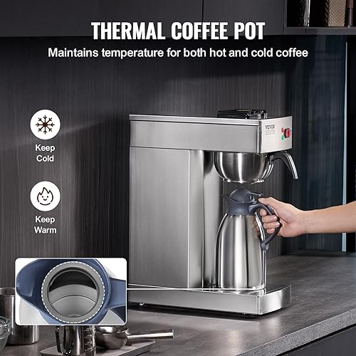 Miniatura 3 de VEVOR Cafetera de goteo comercial de 12 tazas, cafetera con jarra térmica para mantener el calor o el frío, cafetera de acero inoxidable para