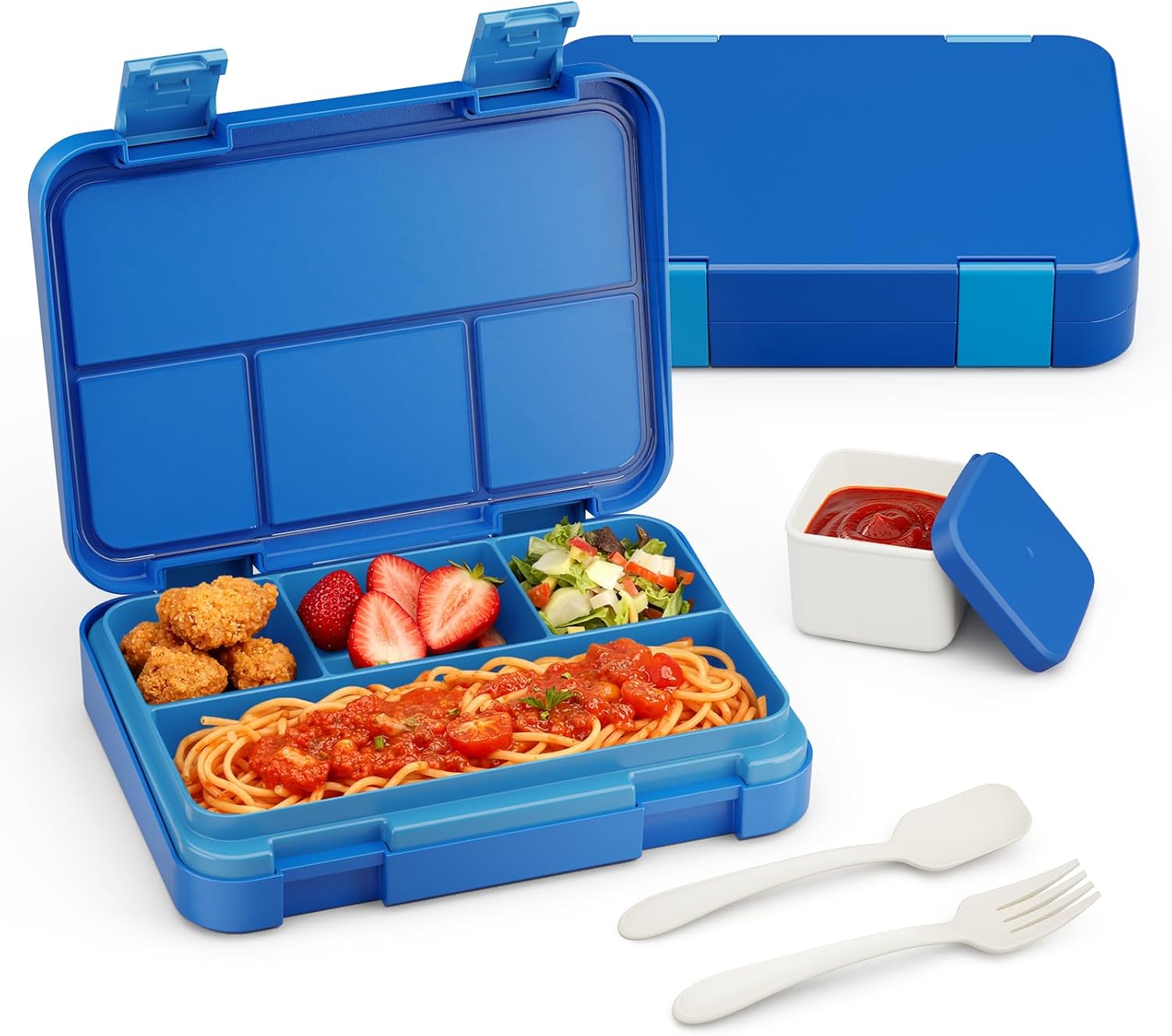 Bento Lunch Box for Kids, 4 Compartments Kids Leak Proof Bento Lunch Boxes Food Containers for School, Travel, On-the-Go Meal, Food Grade, Microwave, Dishwasher Safe, Pure Blue