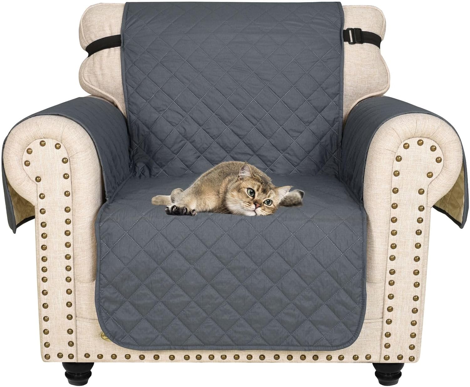 Waterproof Diamond Quilted Chair Sofa Slipcover Anti-Slip Backing Couch Cover Washable Furniture Protector with Elastic Straps for Pets Kids Children Dog Cat (Dark Grey,1 Seater)