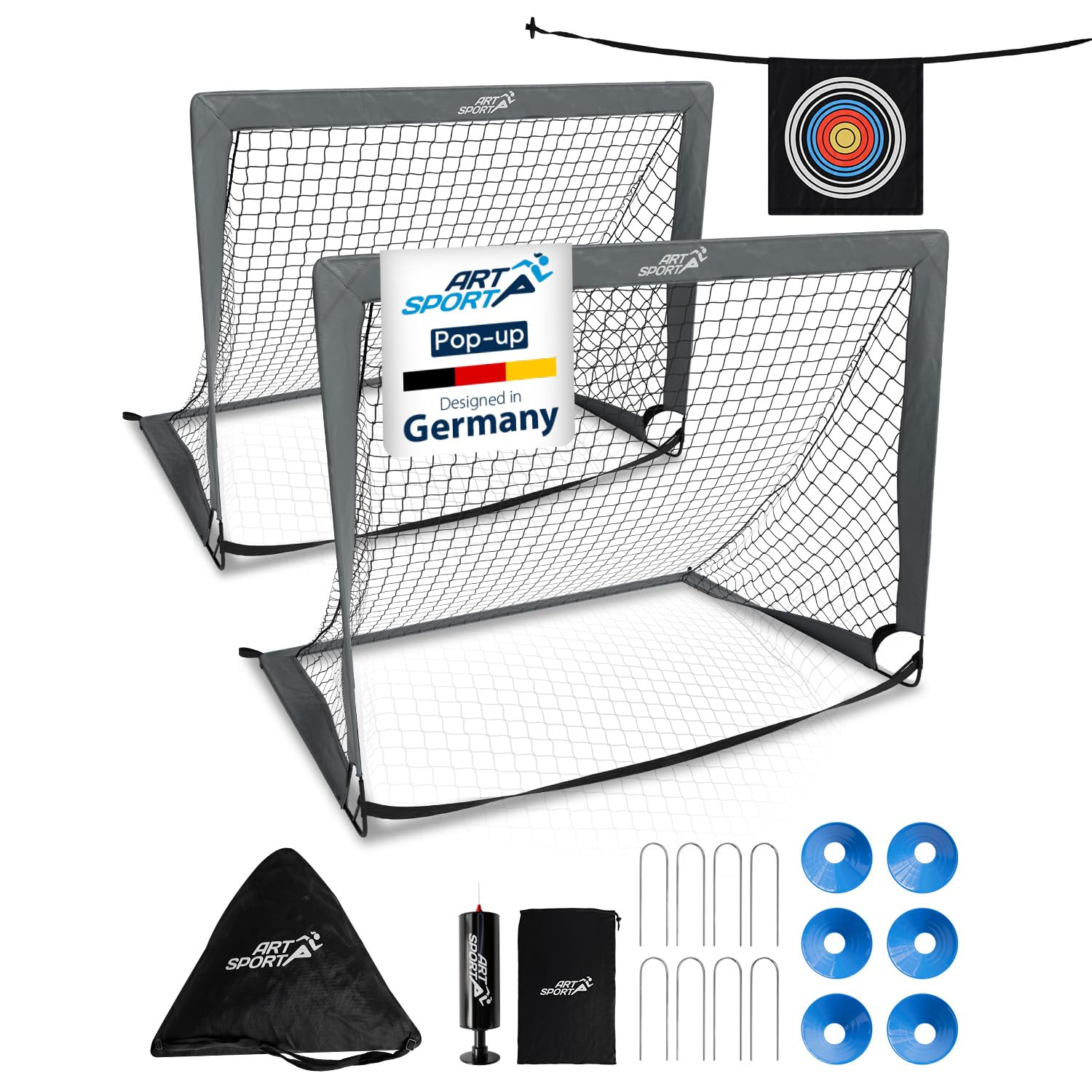 ArtSport Pop-up Fußballtor Goal Master - 2er Set mit Zubehör - faltbar & schnell spielbereit - 2 Fußballtore Indoor & Garten - Fußball Tor - Grau