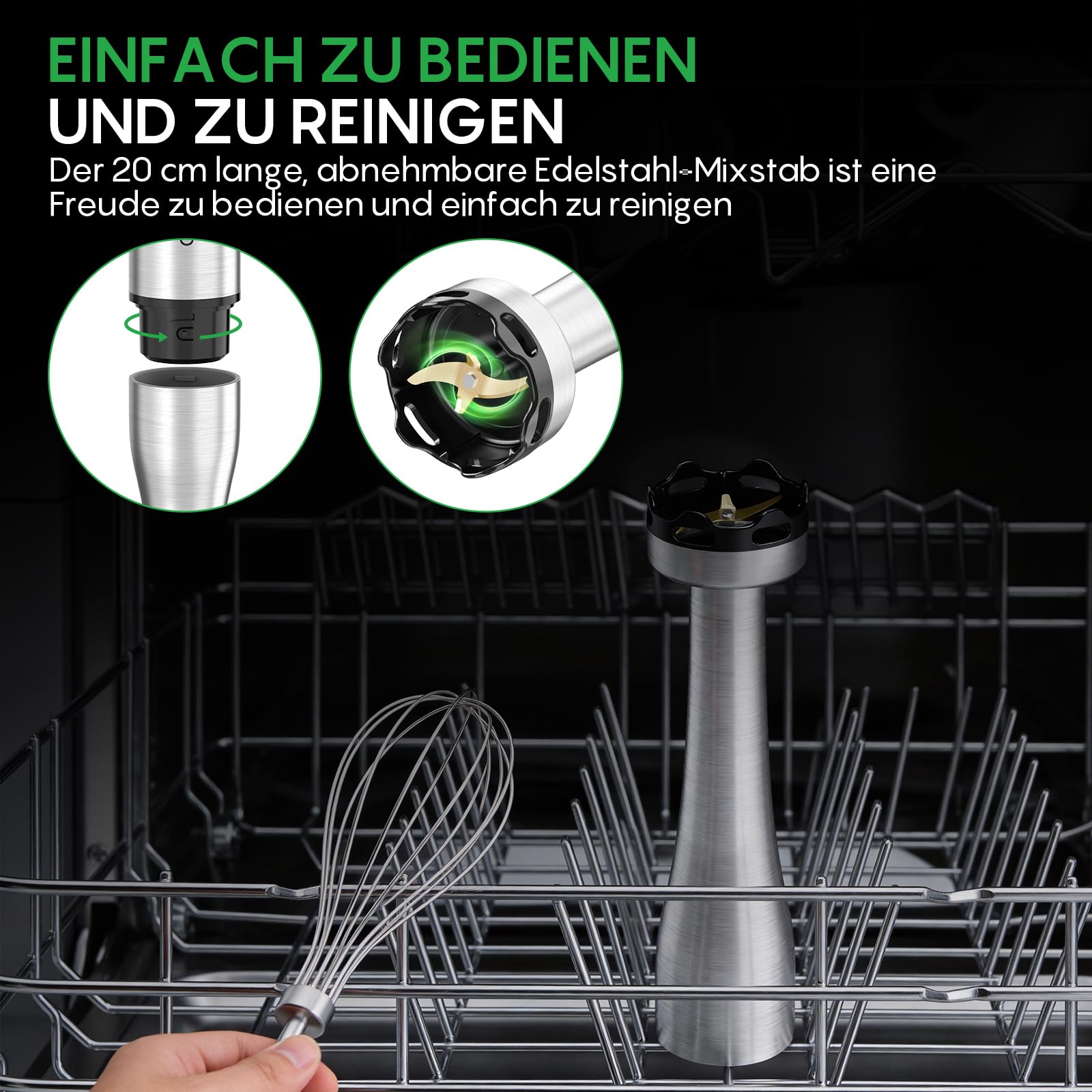 FRESKO Pürierstab 1000W, Stabmixer set, Stufenlose Geschwindigkeitsregelung | 4-Klingen-Messer, Inkl. Schneebesen, 500ml Lebensmittelhacker, Messbecher mit Deckel & Schutzhülle, für Smoothies, Suppe