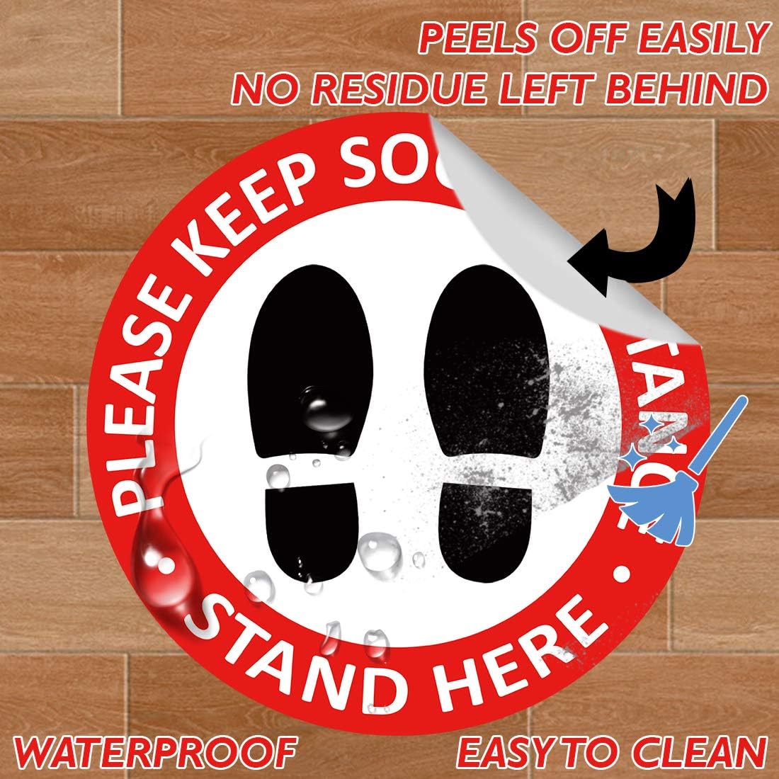 Social Distancing Floor Decals - 12" Round Vinyl Removable Stickers - 10 Pack Safety Floor Signs - Please Keep 6 Feet Apart - Waterproof Adhesive Anti-Slip Lamination Easy to Clean (Red, 12 Inch)