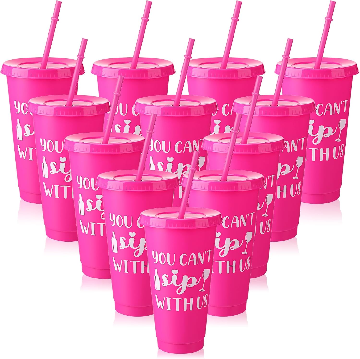SiliFine 12 Pcs You Can't Sip with Us Tumblers with Lids and Straw 24 oz Plastic Reusable Cups Bulk Bachelorette Sleepover Party Girl's Weekend Birthday Theme Party Supplies, Hot Pink