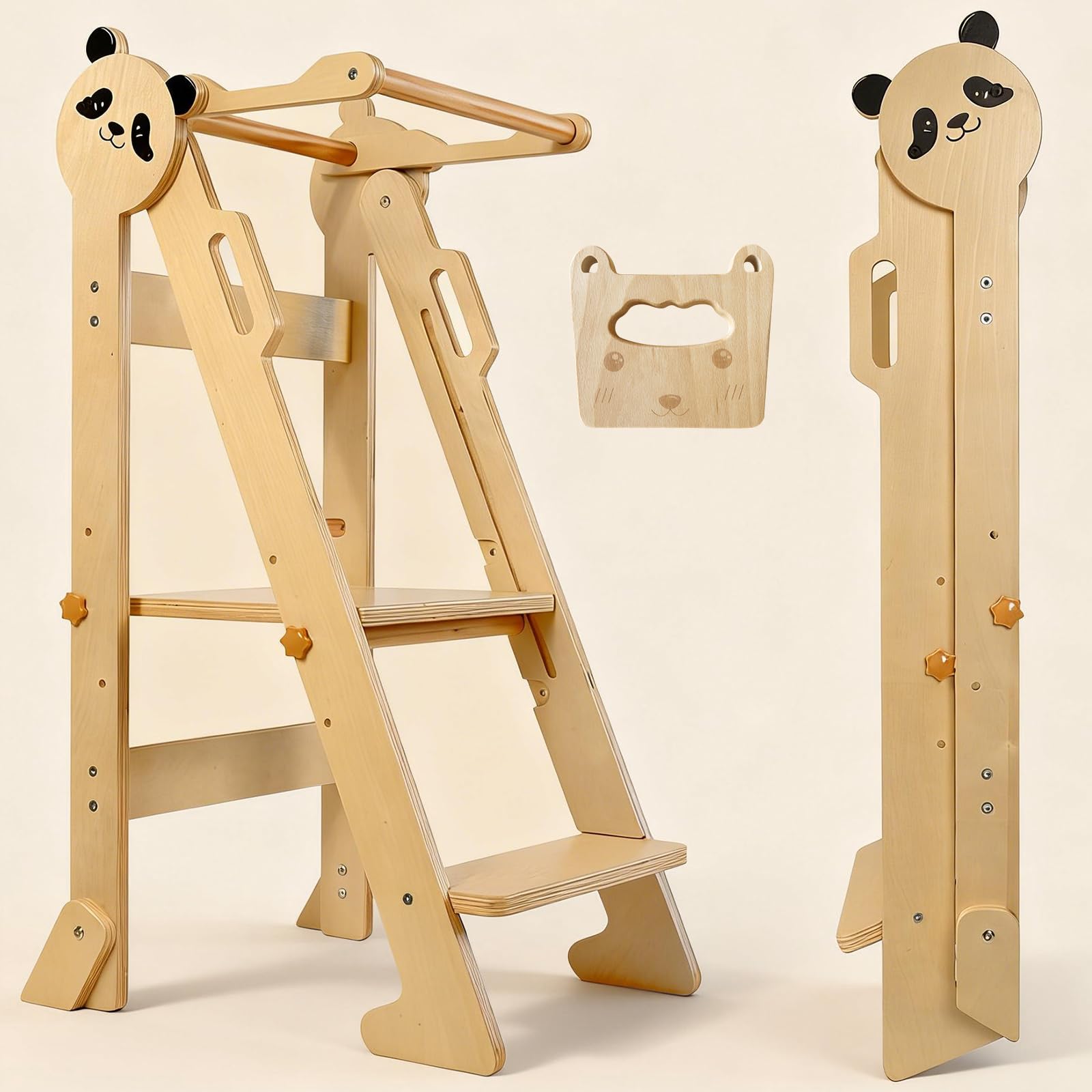 Montessori Torre di apprendimento pieghevole, torre regolabile a 3 livelli con piedini anti-ribaltamento, ultra stabile con compensato di nascita più spesso 1,8 cm, include coltello in