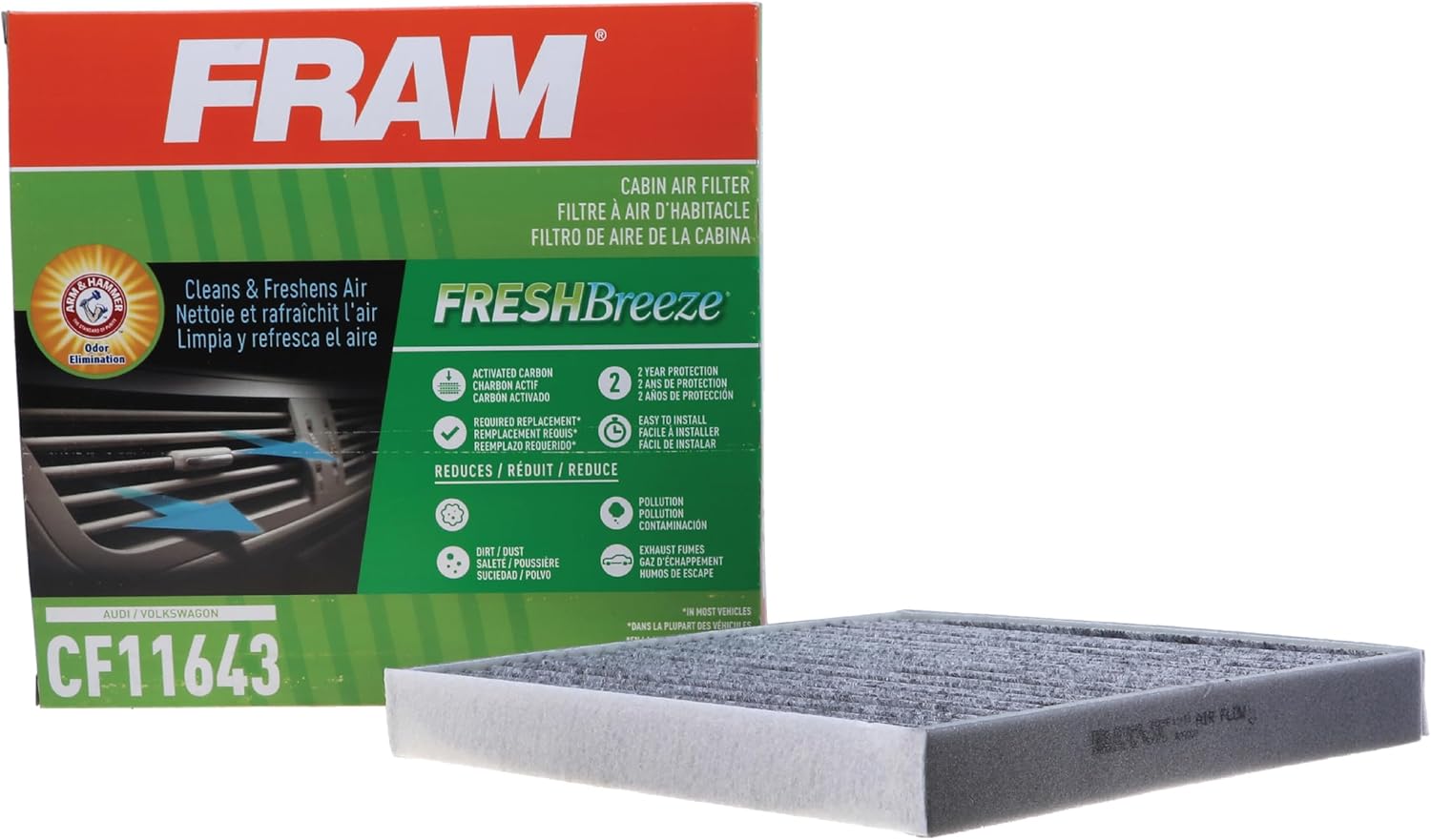 FRAM Fresh Breeze Cabin Air Filter with Arm & Hammer Baking Soda, CF11643 for Select Volkswagen and Audi Vehicles, white