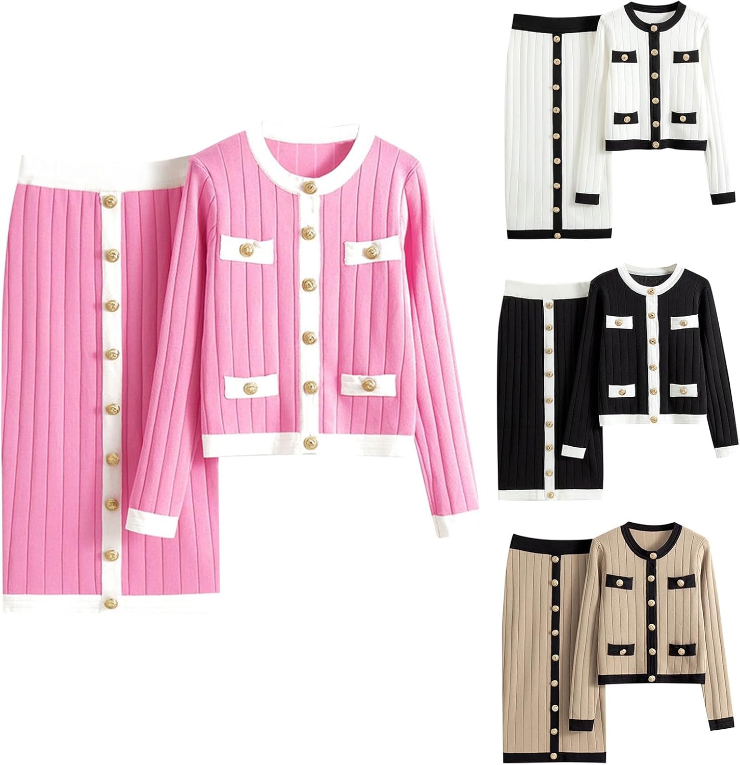 HGps8w Knitted Business Outfits for Women Elegant Colorblock Button Up Cardigan and Bodycon Midi Skirt Dressy 2 Piece Sets