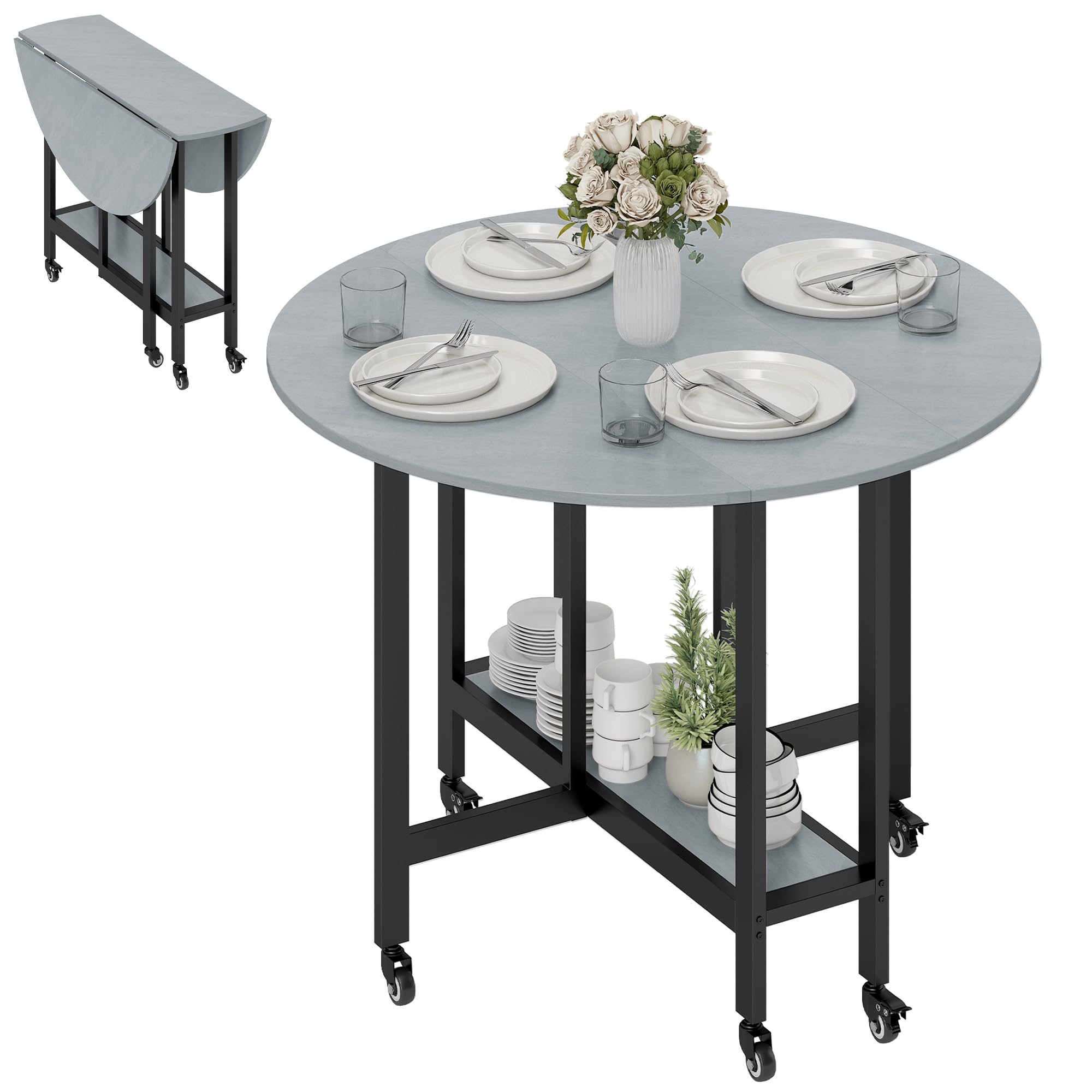 HOMCOM Mesa Plegable de Comedor con Ruedas 100x100x75 cm Gris Cemento | 2-4 Personas, Mesa de Cocina Plegable, Alas Abatibles, Estante Abierto, Salón
