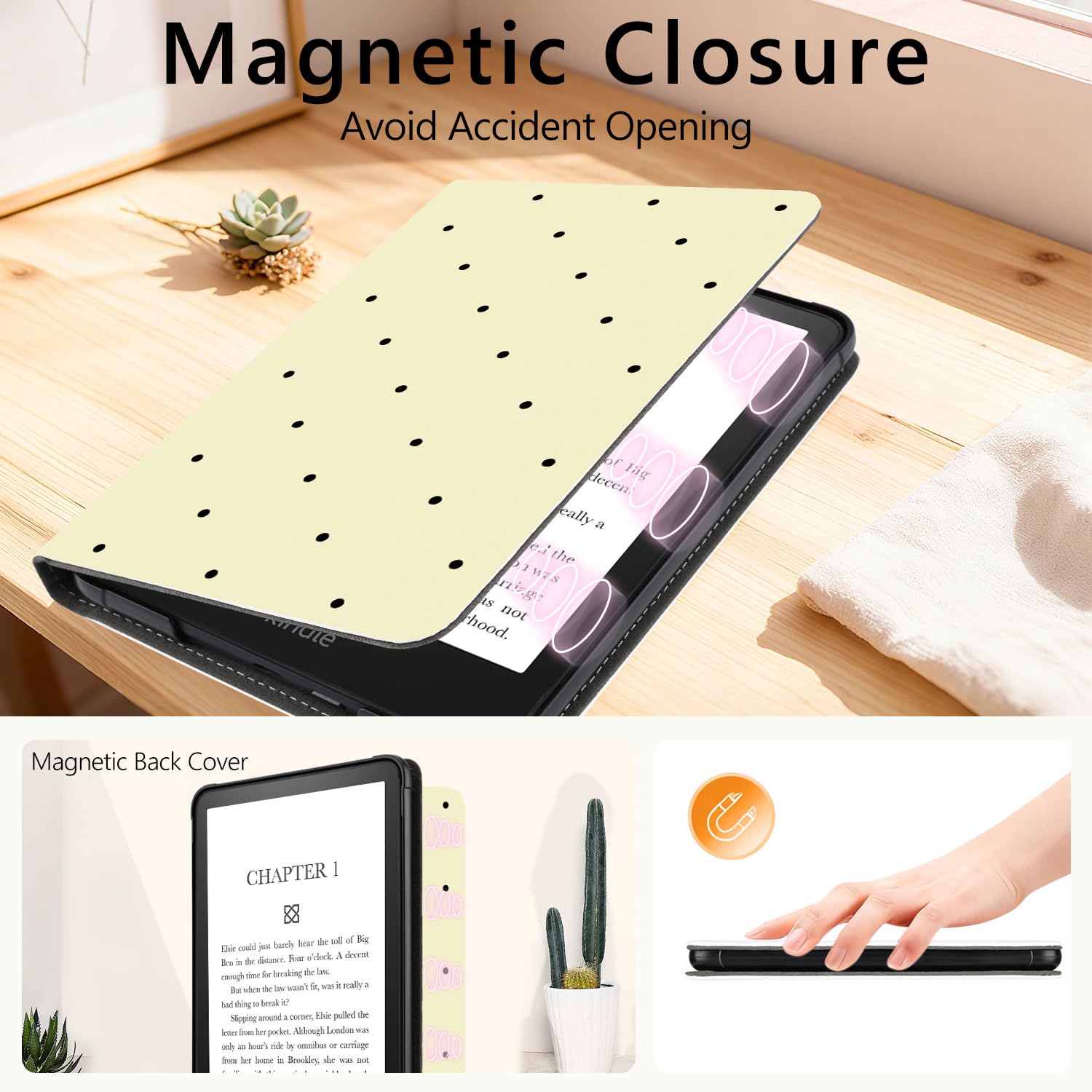 do podstawowego etui Kindle 11. generacji 15.6 cm 2024/2022, urocze kropki, żółte klasyczne vintage, estetyczny design, miękka skóra PU, pokrowiec z automatycznym budzeniem snu