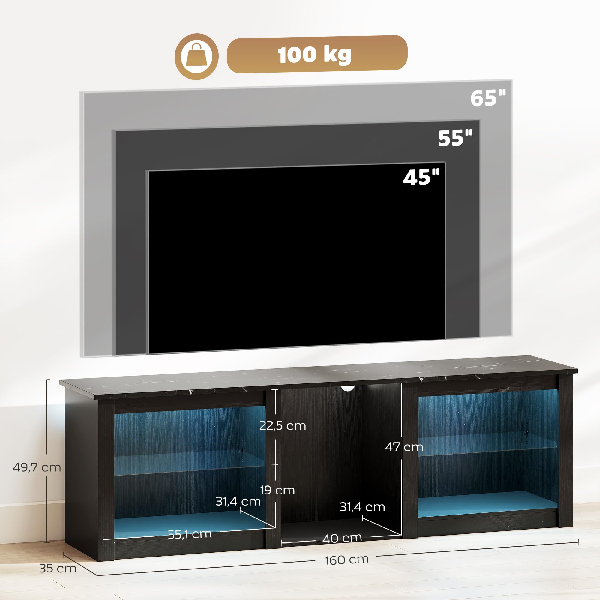 HOMCOM Meuble TV LED RGB Meuble télé Bois Banc TV jusqu'à 65 Pouces avec étagères en Verre réglables, 5 niches, Passe-câbles et télécommande pour Salon, Chambre à Coucher, dim. 160 x 35 x 50 cm, Noir
