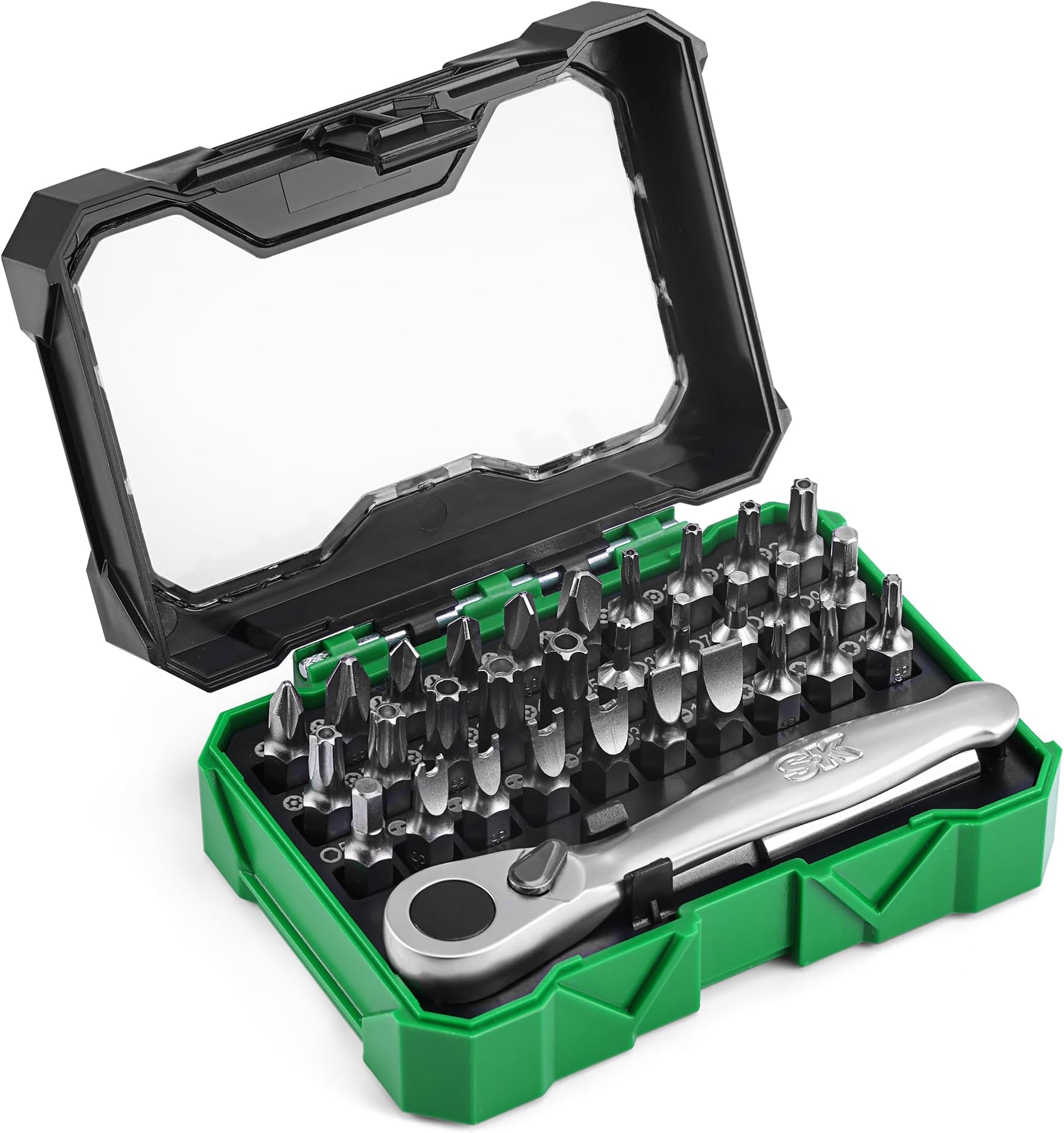 1/4” Drive Mini Screwdriver Bit Set with 72-Tooth Reversible Ratchet, 32-Piece, S2 Steel Bits, with 2” Extension Bar, Organized in Storage Case