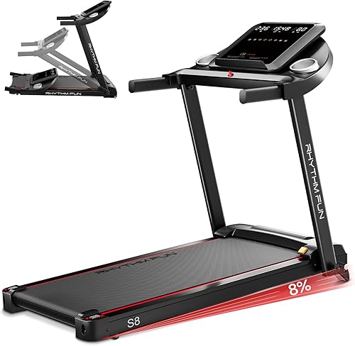 RHYTHM FUN Treadmill with Incline, 8.0 MPH Treadmills for Home with 8% Incline, Foldable Treadmill with Handles, Low Noise Walking Pad for 300 lbs