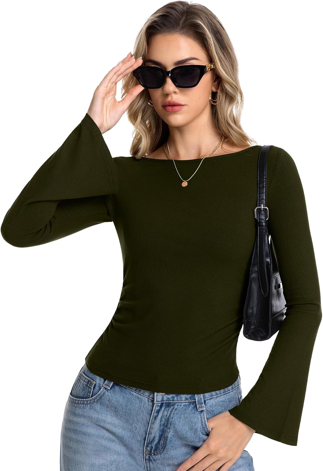 2 Pack Women's Long Sleeve Shirts Casual Boat Neck Bell Sleeve Ribbed Tops Fitted Going Out Tops - Image 5