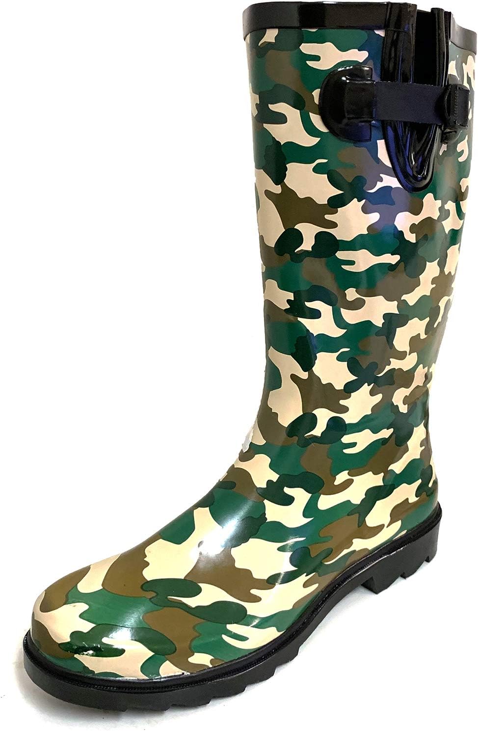 G4U Women's Rain Boots Multiple Styles Color Mid Calf Buckle Fashion Rubber Knee High Snow Shoes (11 B(M) US, Green Camo)