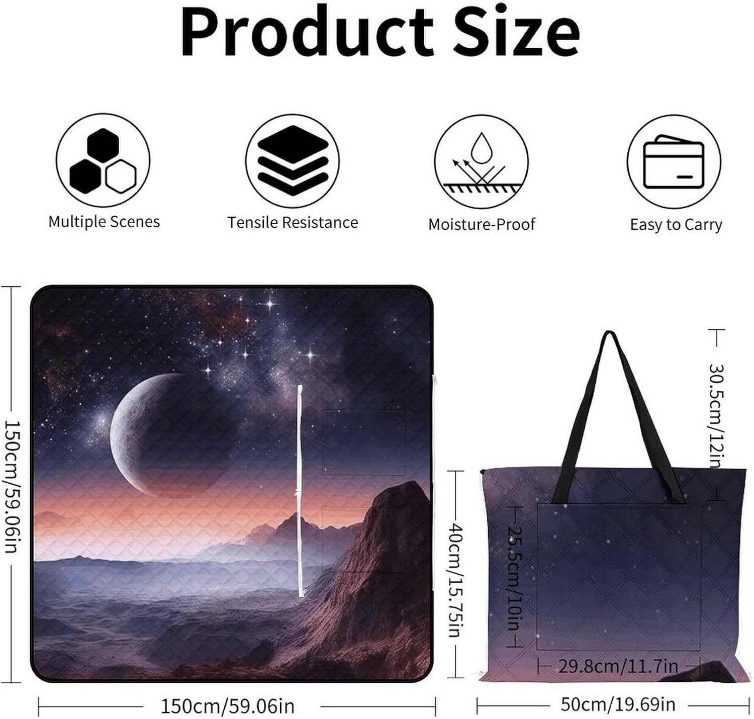 Galaxy Nature Planet Picnic Blanket with Zipper Water Resistant Sand Free Picnic Mat Washable Foldable Easy Carry Beach Blanket for Lawn Beach Hiking Camping