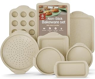 BAKKËNMASTER 8-Piece Carbon Steel Bakeware Set: Nonstick White Marble Coating, Cool Silicone Handles, Oven Baking Pans