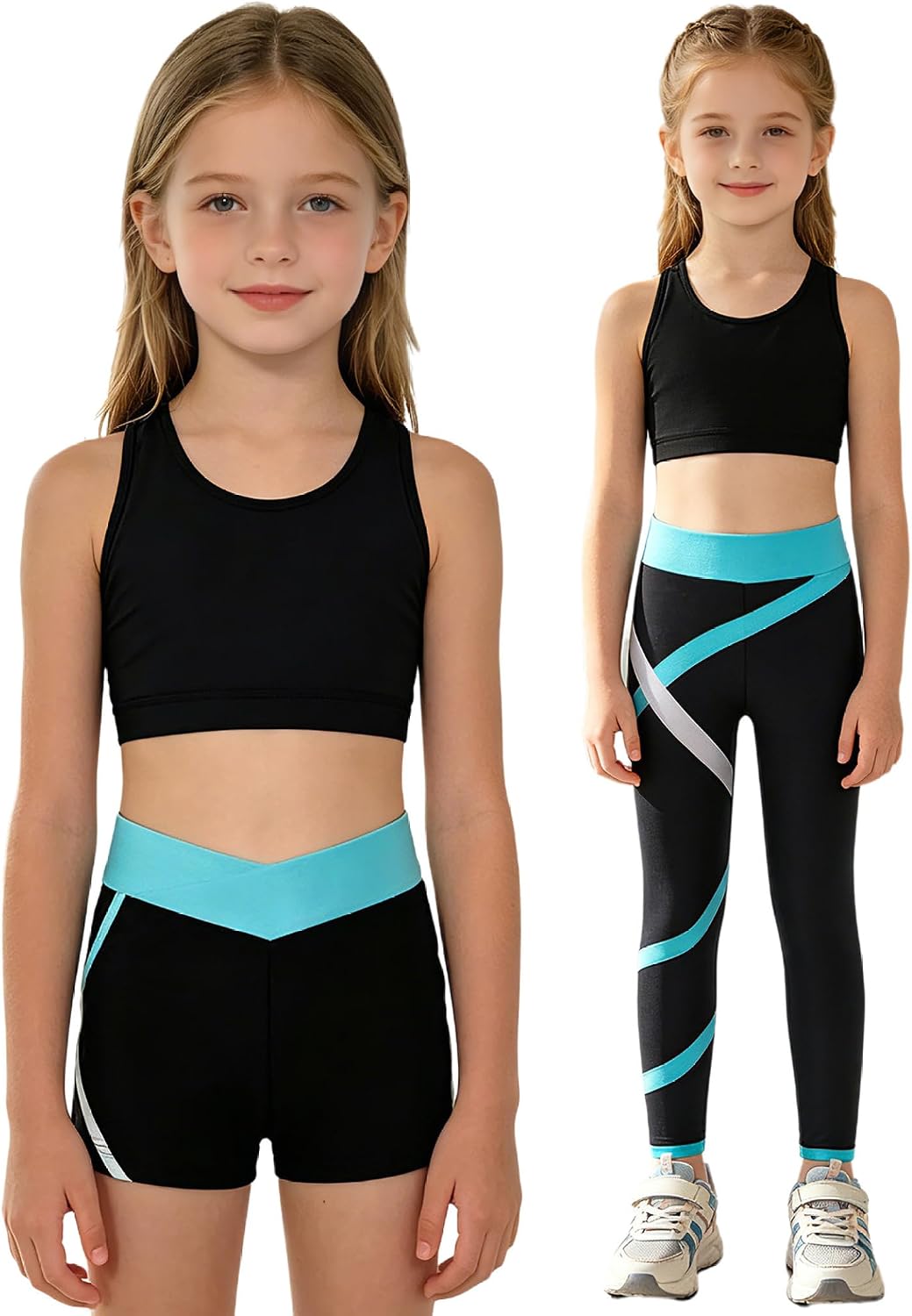 Kids Girls Dance Outfits 3 Piece Crop Top with Shorts Leggings Tracksuit For Training Jogging Yoga