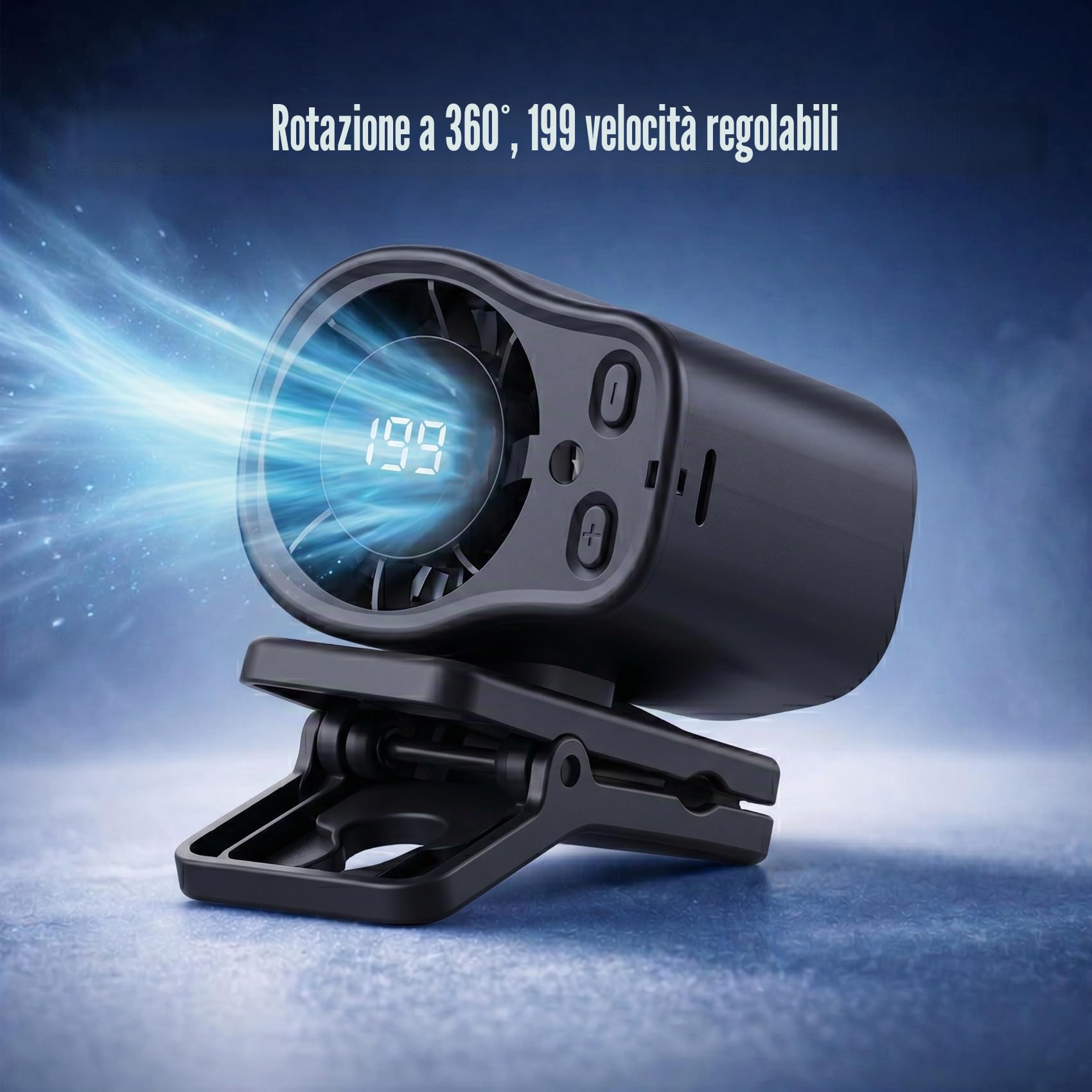 Ventilaore portatile per auto AC, nuovo aggiornamento 2026, ventilatore con clip per auto con display LED, rotazione a 360 gradi, 199 velocità regolabili, mini sistema di raffreddamento per veicoli