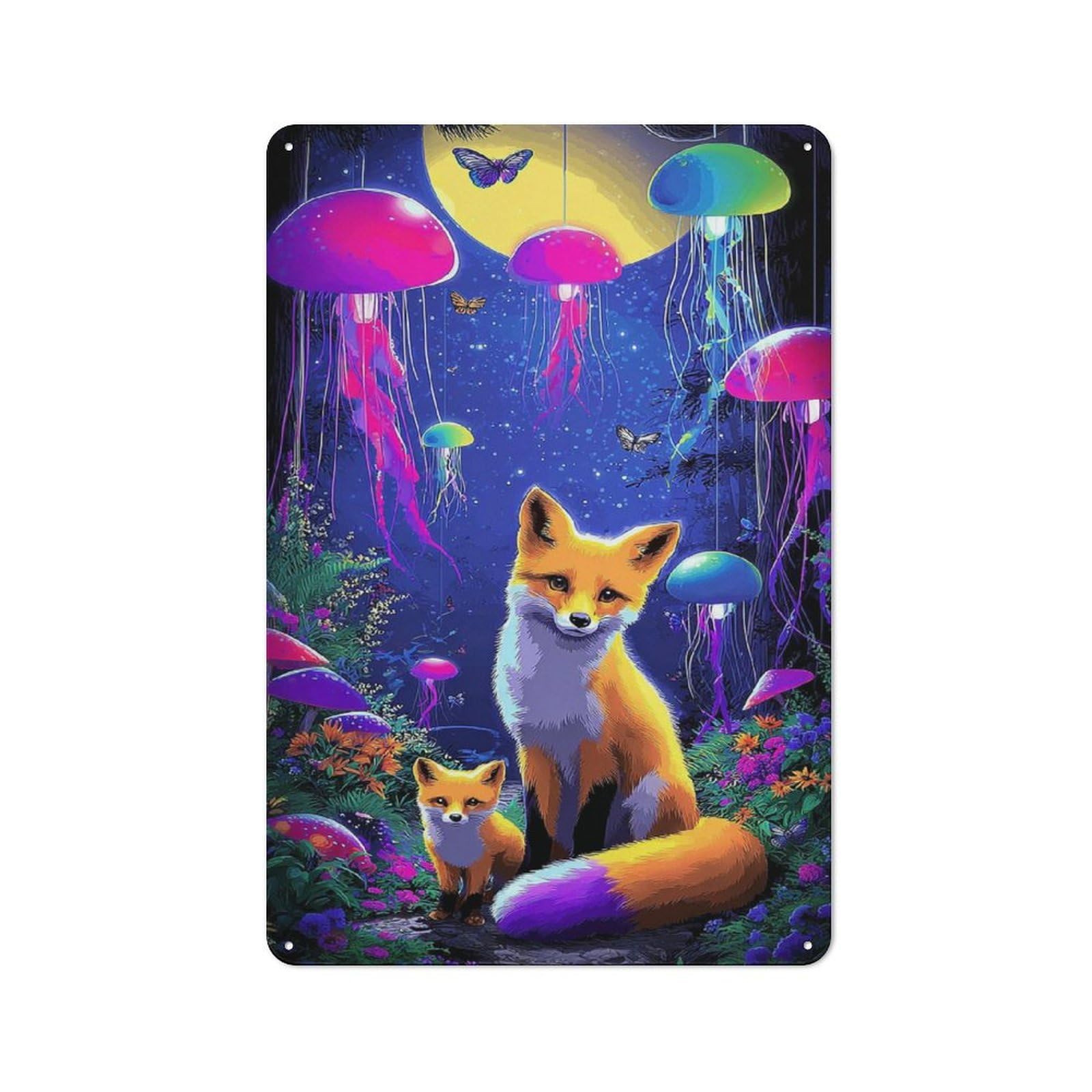 Industrial Decorative Metal Plaque 30x20cm Featuring Enchanted Forest with Foxes And Jellyfish Lights, Urban Room Decor for Flat, Bar, Studio Or Gallery Wall