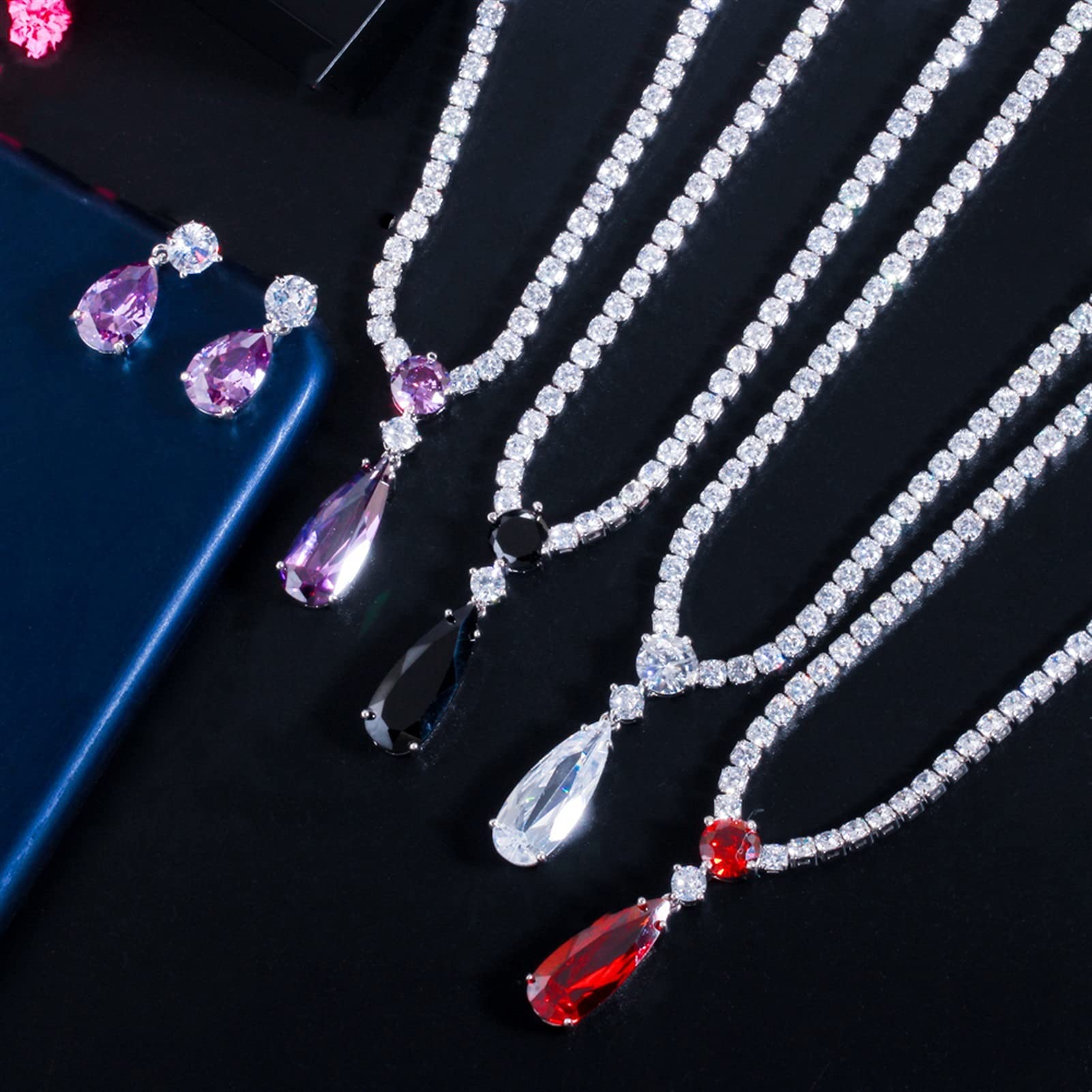 Joyería Rojo púrpura Zirconia cúbica Gota de Agua Moda Mujer Compromiso Fiesta Conjunto de joyería para Regalo de Dama de Honor de Boda