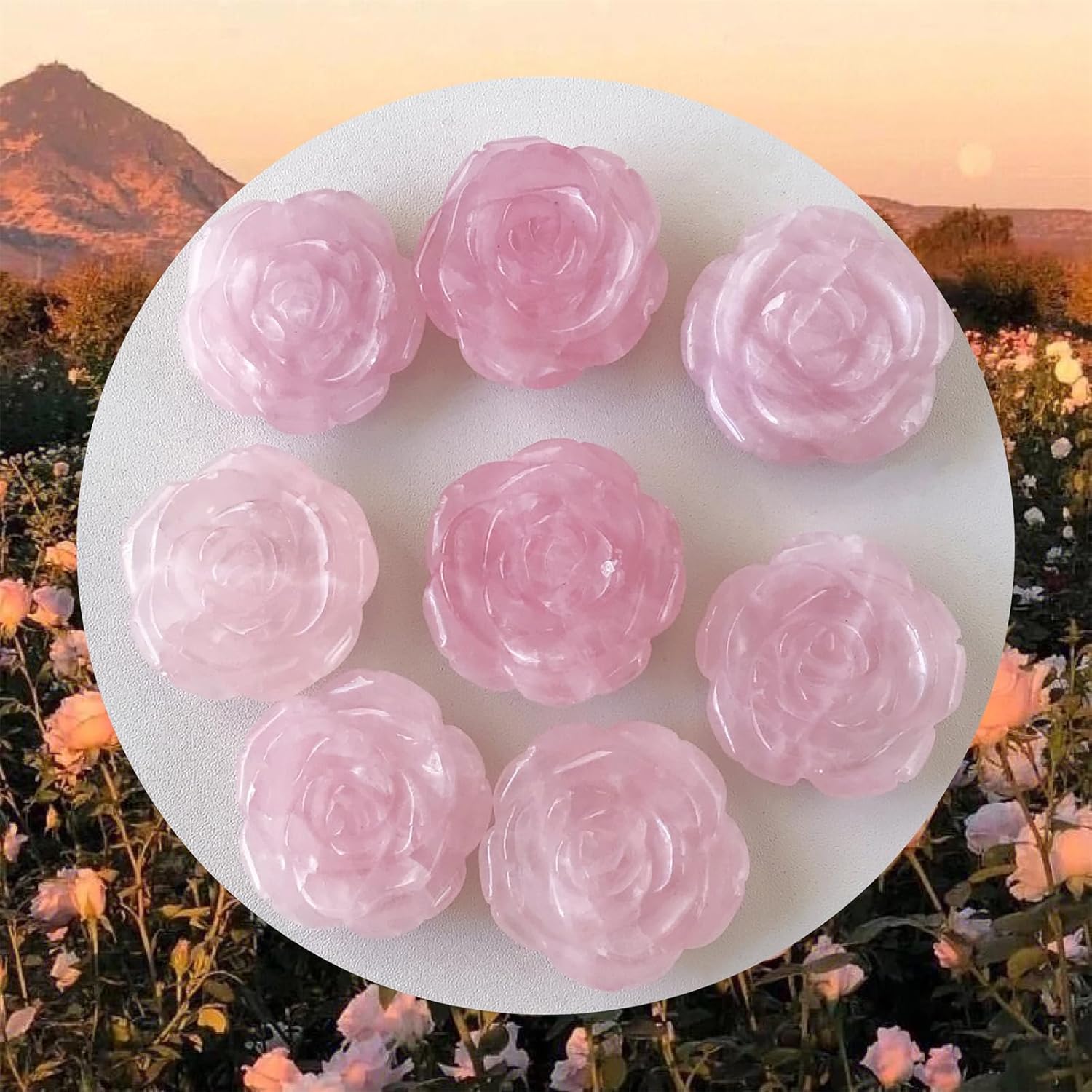 4PCS Hand Carved Natural Crystal Rose Flower Figurines Decor Set Drilled Flower Stone Kit for DIY, Jewelry Making, Rose Quartz