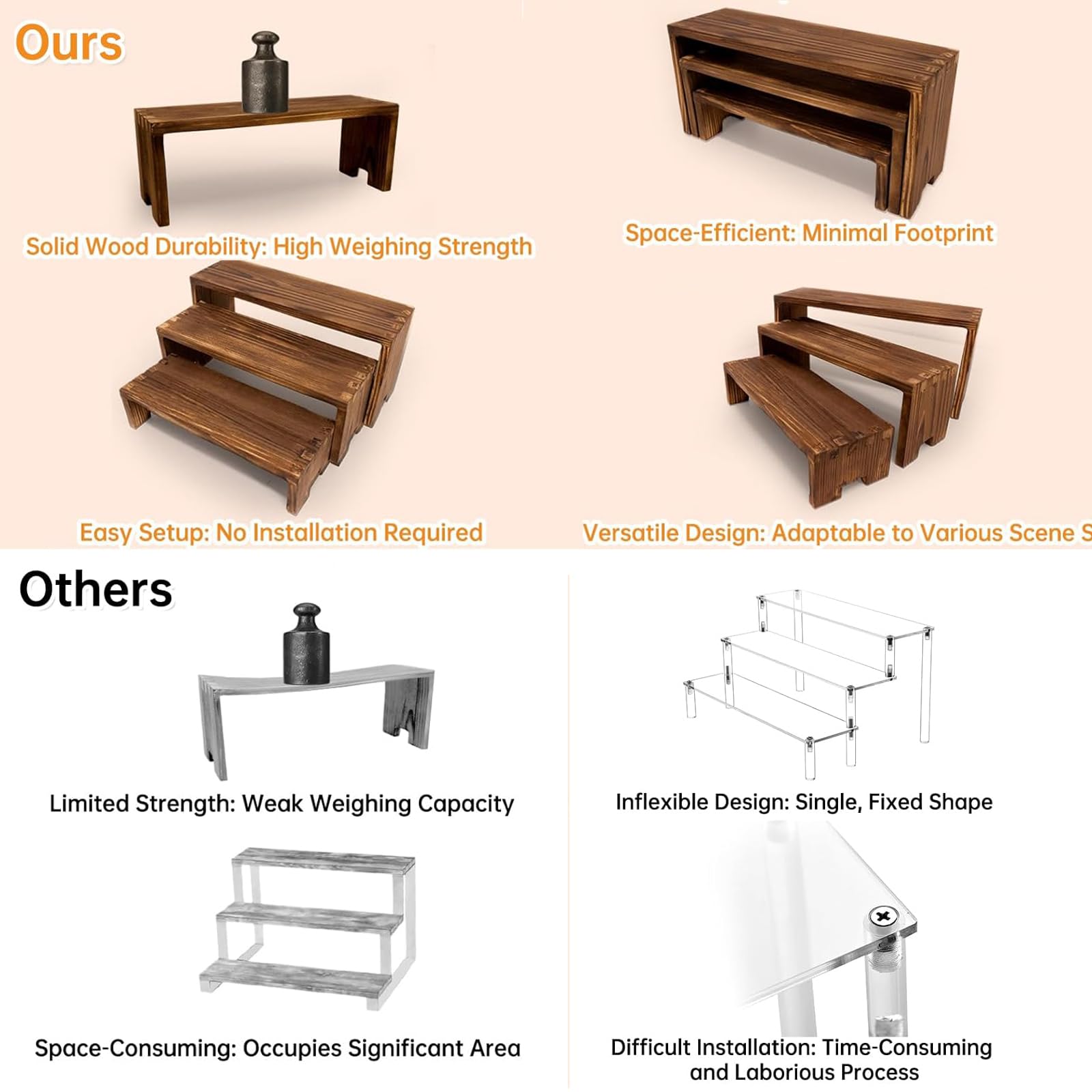 Alzata in Legno Massello 4 Ripiani, Porta Profumi, Espositore per Buffet, Supporto Display per Dolci, Collezioni, Figura, Libri, Cosmetici, Mensola Decorativa per Casa