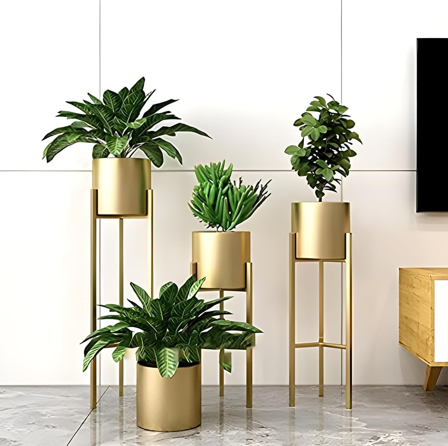 HUMA HANDICRAFTS Set of 3 Mid Century Brass Gold Large Planters with Black Metal Stand, Standing Metal Pot for Fig Tree,|| Snake Plant & Palm,|| Tall Floor Tree Planter, Modern Decoration (Gold) (B0D41YLP7K) Amazon Price History, Amazon Price Tracker