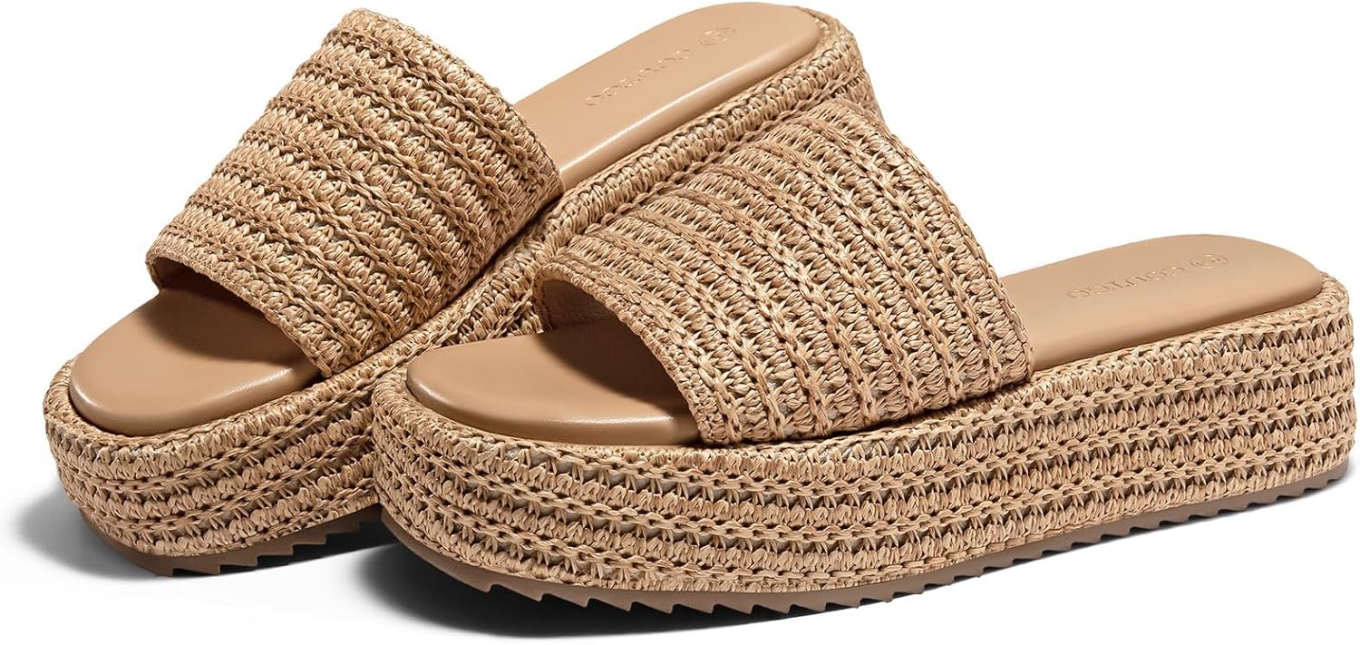 Coutgo Womens Platform Sandals Raffia Espadrilles Slip on Open Toe Cute Boho Summer Beach Slide Sandals