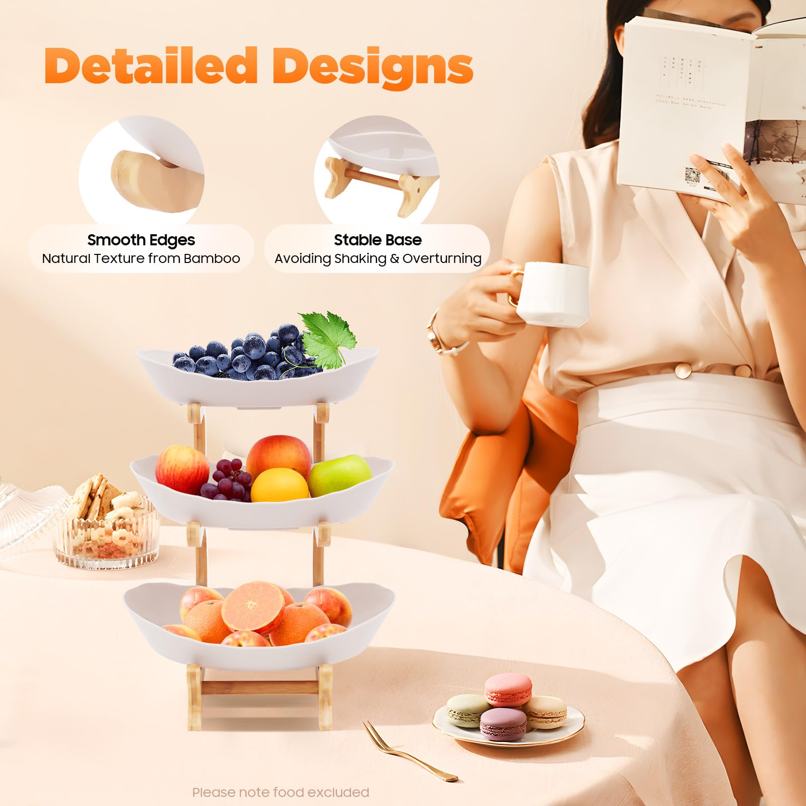 Présentoir à fruits à 3 étages | Bol à fruits en céramique et porcelaine | Assiette à fruits ovale en bambou naturel | Support ovale en bois de bambou naturel | Présentoir à tarte - Plateau à