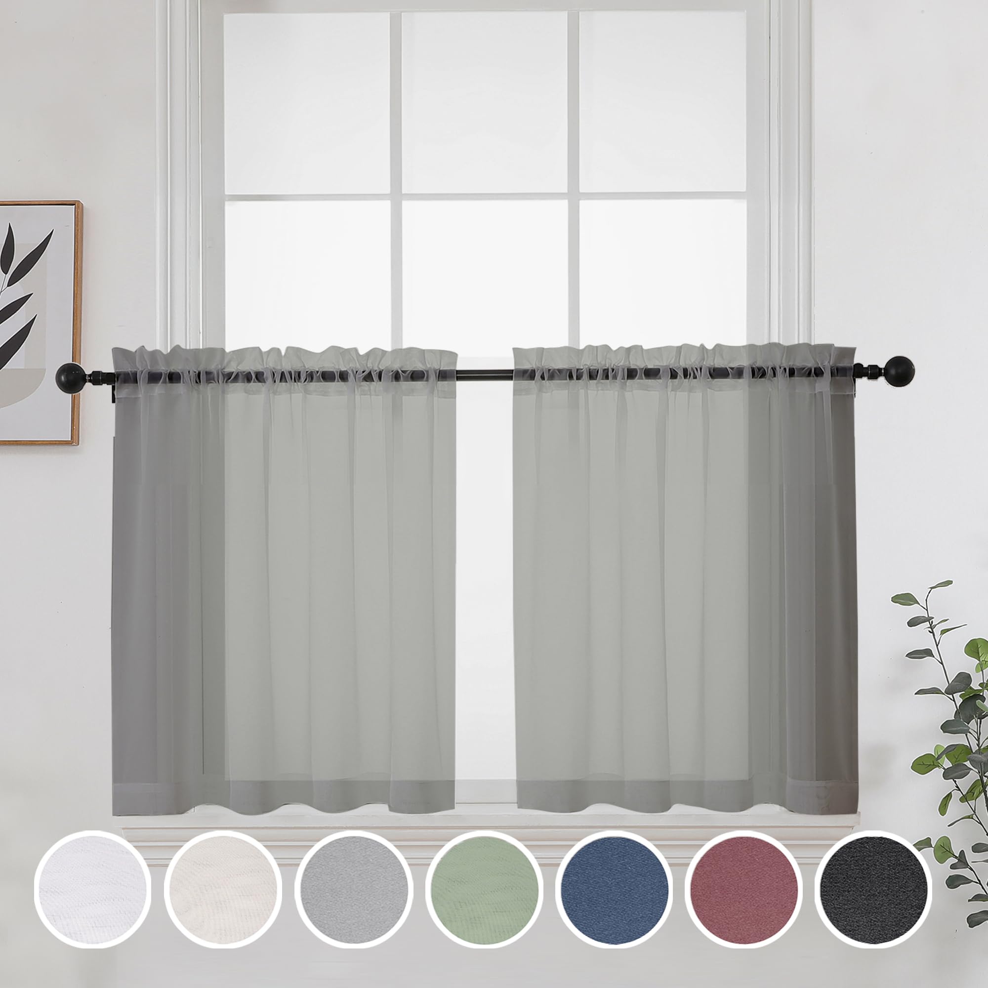 Grey Sheer Curtains 24 Inches Long 2 Panels for Bathroom Window, Rod Pocket Light Filtering Sheer Tier Curtains for Small Kitchen Laundry Room, RV, Camper Travel Trailers, 42W x 24L, Gray