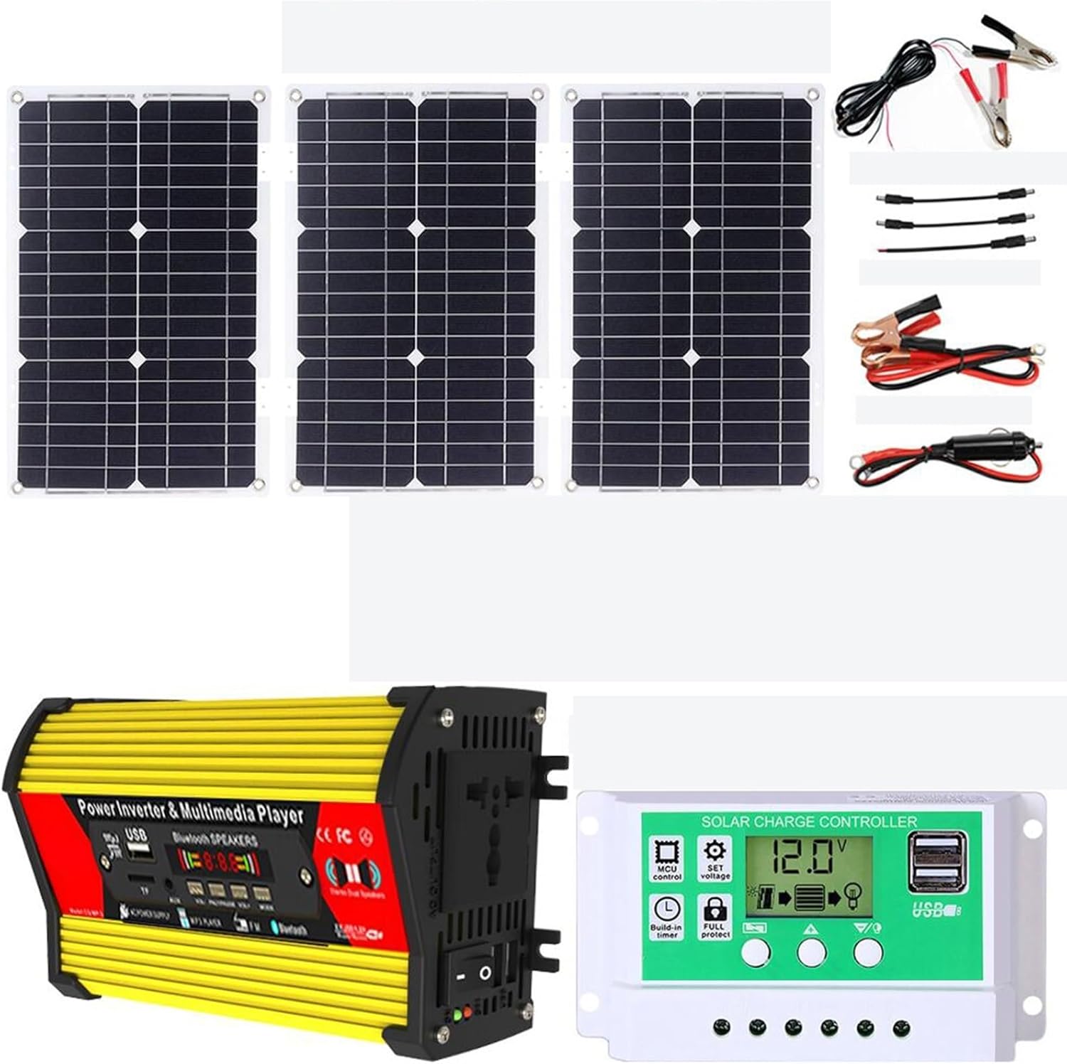 4000W DC 12V to 220V/110V AC Solar Kit 18V 75W Solar Panel + 50A Solar Charge Controller Solar Power Kit for RV Marine Off Grid System Off Grid Solar Kit(12V-110V)