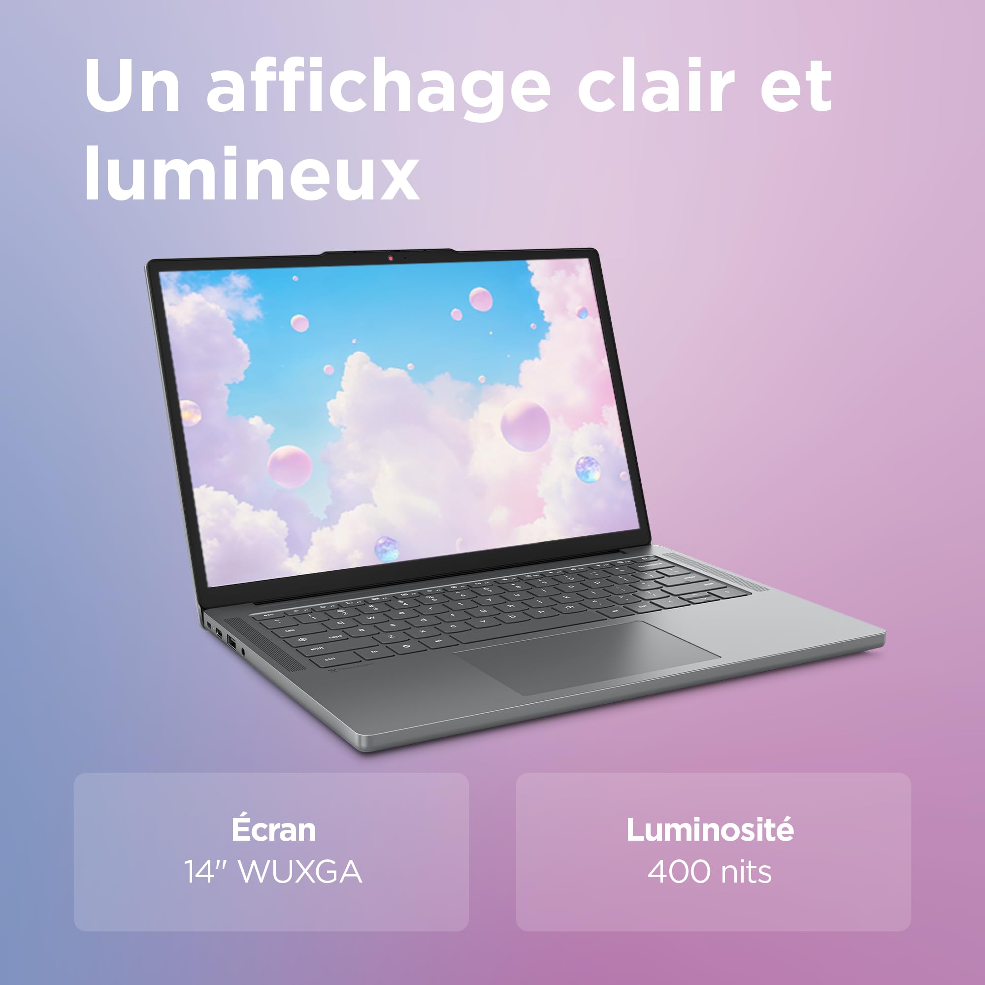 Lenovo Chromebook 14M8911 - Ordinateur Portable 14'' WUXGA (MediaTek Kompanio 540, RAM 8Go, SSD 128Go, Arm Mali-G57 MC2 GPU, Chrome OS) Clavier AZERTY Français - Gris Luna