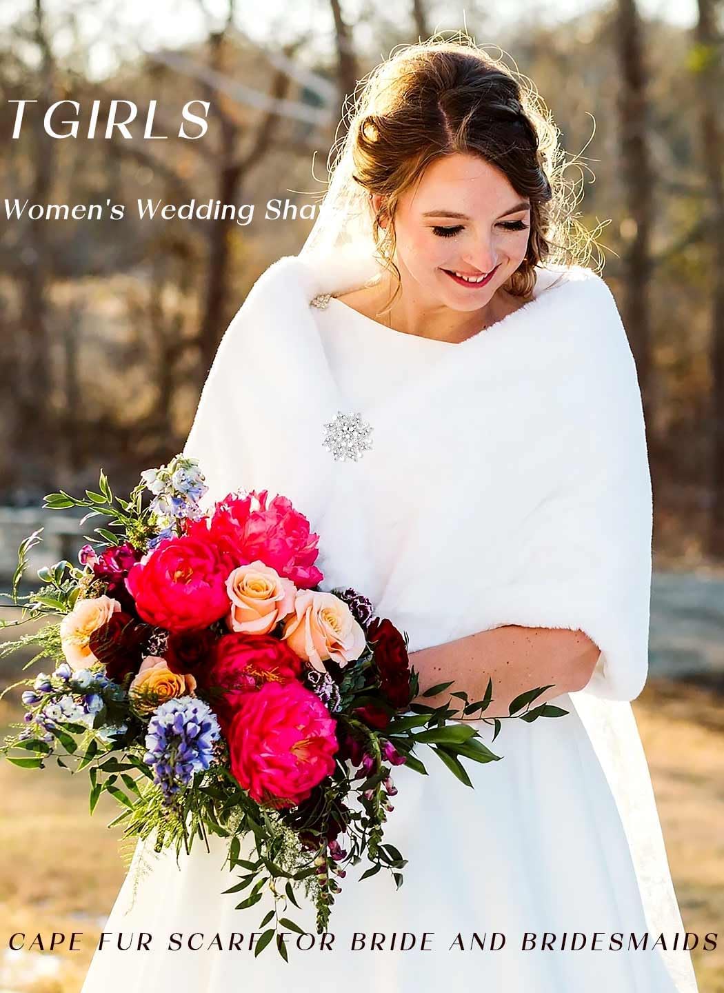 Tgirls Women's Wedding Faux Fur Shawl and Wrap Bridal Fur Stole Cape Fur Scarf for Bride and Bridesmaids