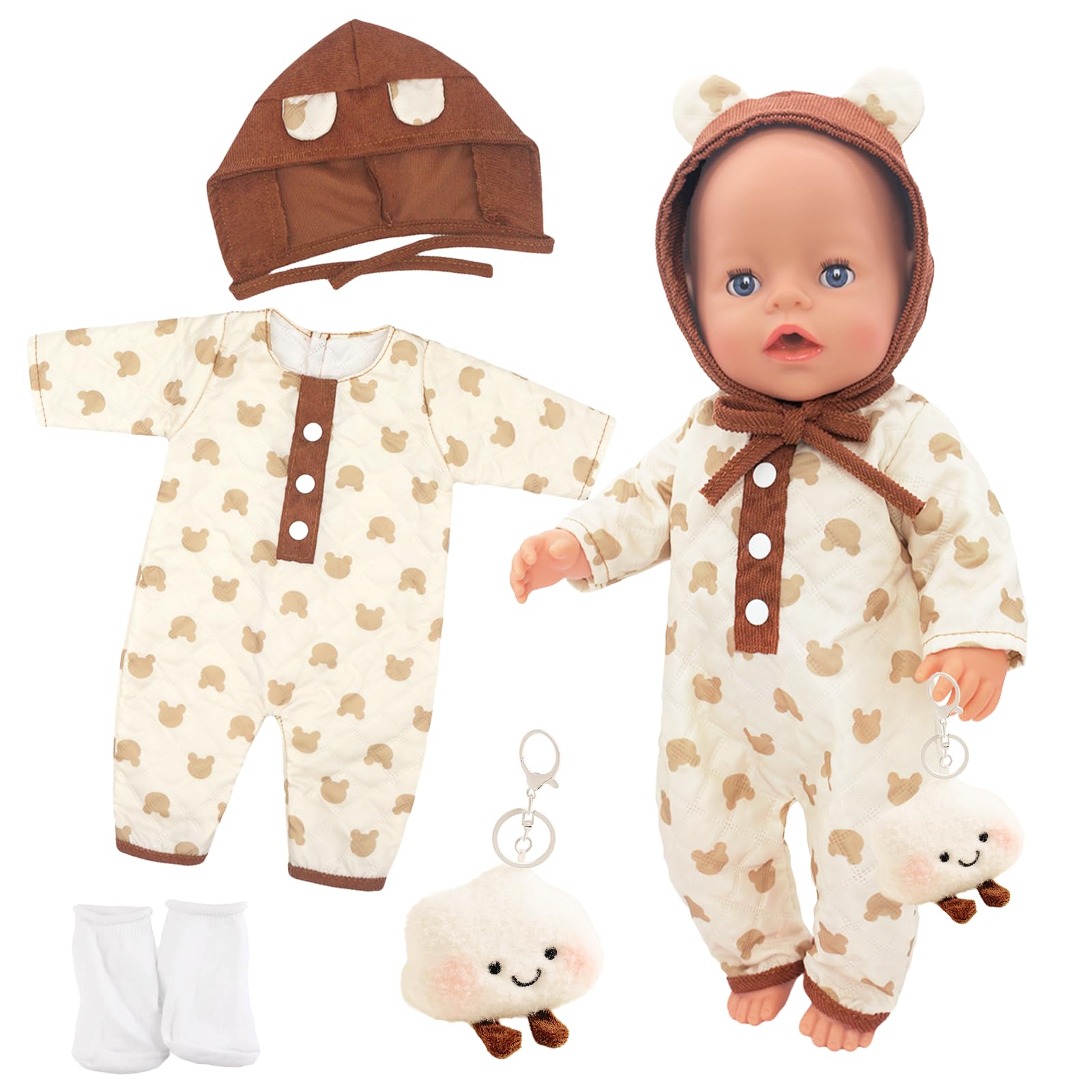Baby Doll Clothes for 16-18 Inch Dolls, 40-45cm Sweet Baby Doll Outfits mit Bear Hat + Bodysuit + Pendant + Socks, Brown Bear Baby Doll Clothing, as a Gift for Girls