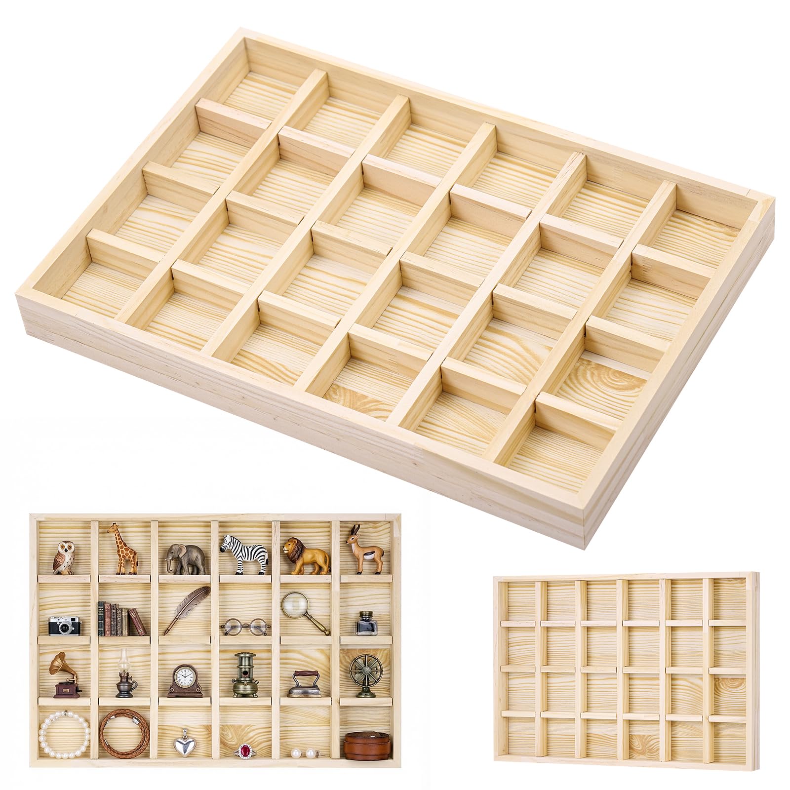 Unfinished Wooden Storage Divider Box, 35*24cm Showcase Display Box