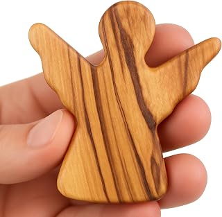 Zuluf Olive Wood Guardian Angel Cross from Bethlehem - Fits in Hand or Pocket - Thumb Stone Worry Stone Comfort Figurine - Reduces Stress & Anxiety -Handheld Palm Angel for Hope & Protection